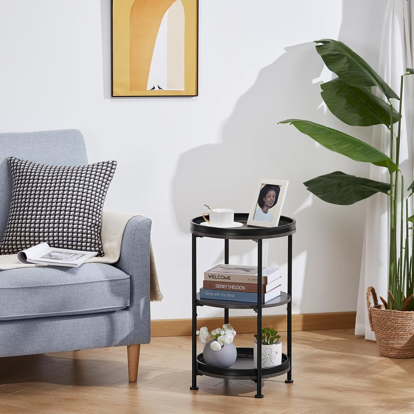 Dulcii Side Table, Round End Table with 3 Shelves for Living Room, Bedroom, Nightstand with Steel Frame for Small Spaces, Industrial Round Sofa Table, Outdoor Accent Coffee Table, Grey