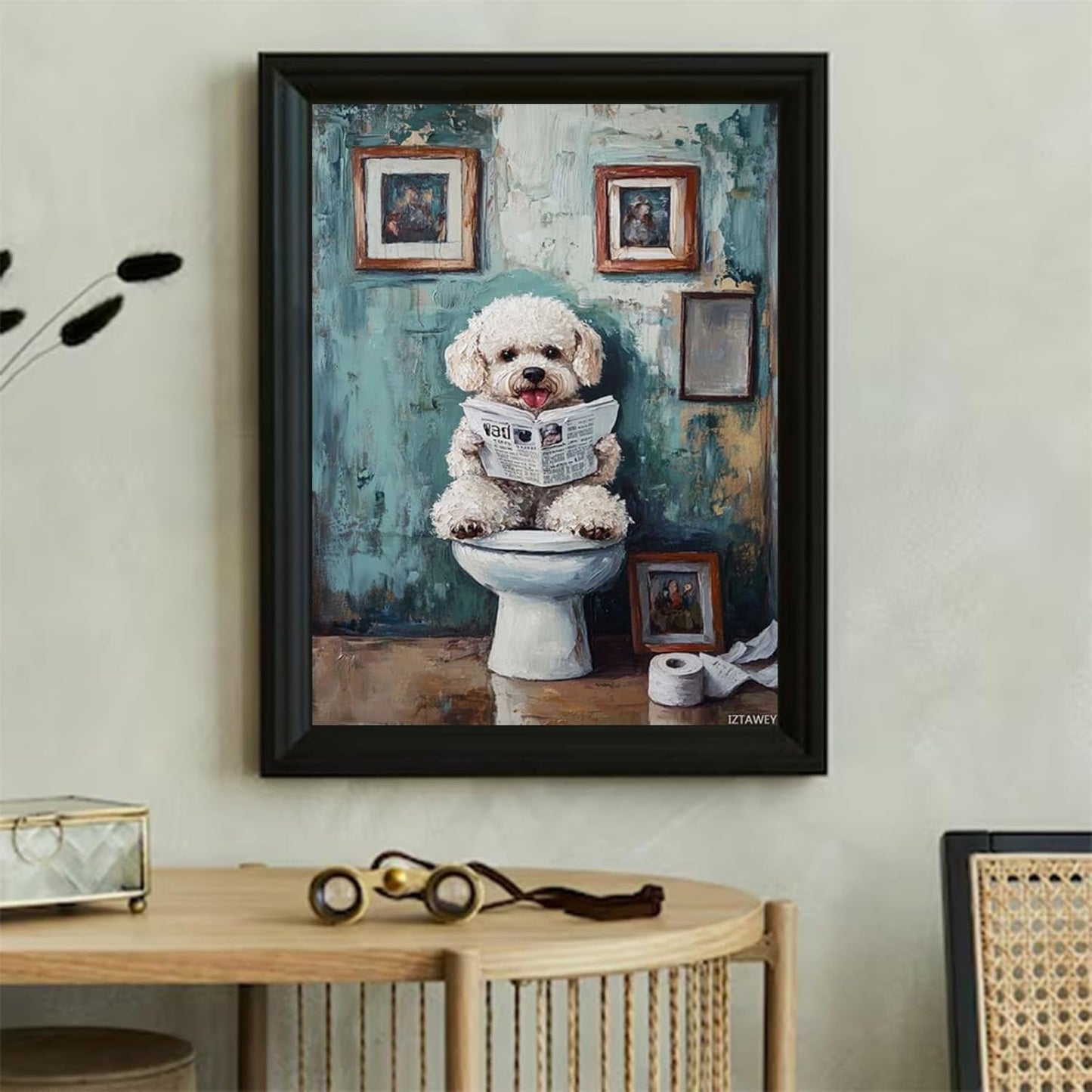 Bichon Frise Dog Sitting on The Toilet and Reading A Newspaper Posters Art Living Room Canvas Wall Pictures Giclee Prints for Bedroom 12x16inch Frameless