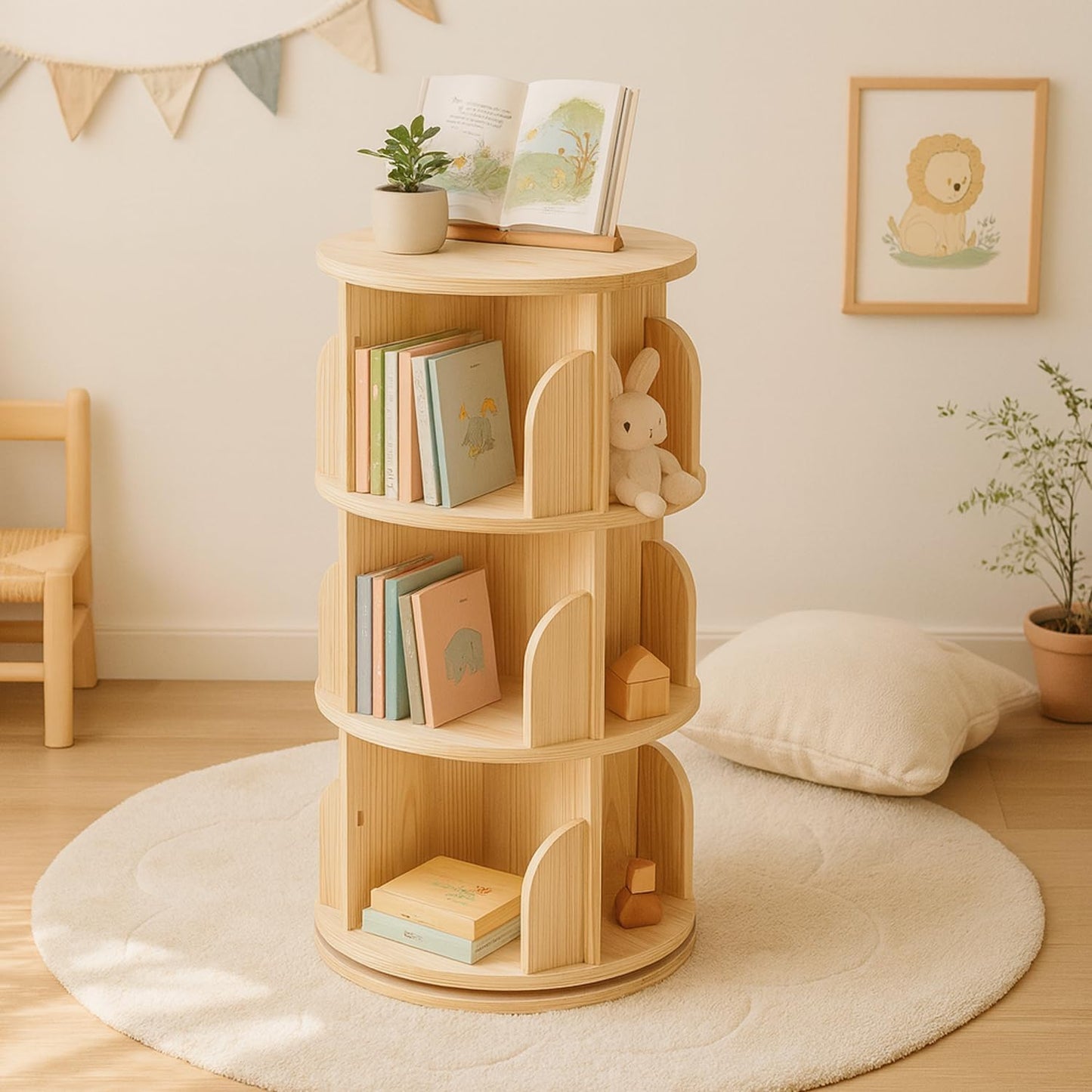 Solid Wood Rotating Bookshelf, 3-Tier 360° Spinning Bookcase Tower, Stackable Adjustable Book Shelf Organizer for Small Spaces, Corner Standing Storage for Home Office, Living Room & Kids Room