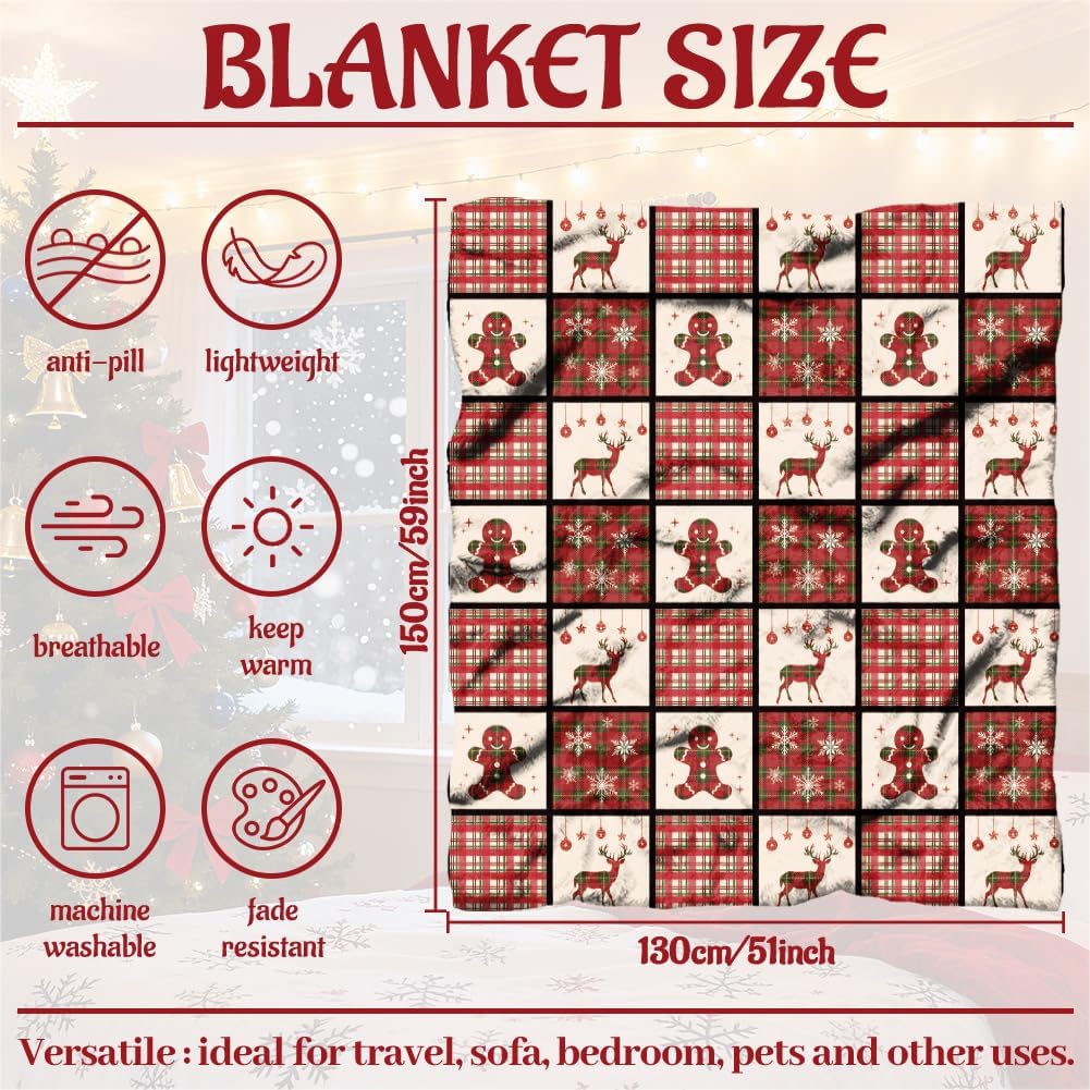 WADORN Christmas Gingerbread Man Elk Throw Blanket, 500GSM，Christmas Red Black Buffalo Plaid Cozy Throw Blanket Soft Flannel Fleece Blanket for Home Bedroom Sofa Couch Chair Xmas Winter, 51x59 Inch