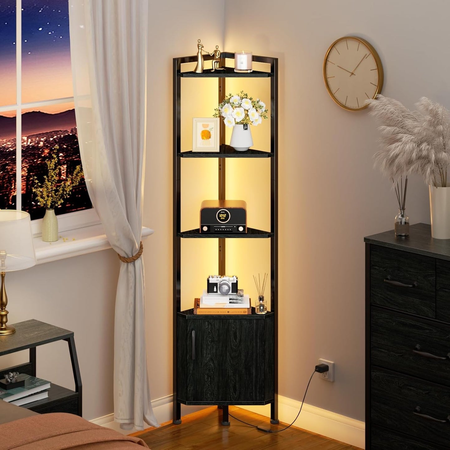 Furnulem Corner Shelf,5-Tier Corner Cabinet with Storage and LED Light, 62.8” Standing Display Bookshelf for Bedroom, Living Room, Kitchen, Wood Display Shelf (Black Oak) | with Storage, LED Light, for Bedroom, Living Room, Kitchen