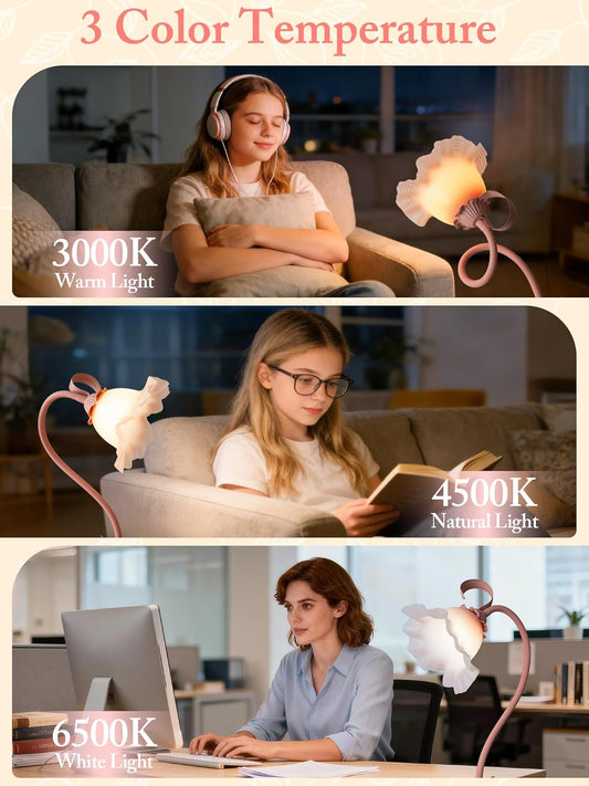 Flower Table Lamp,Vintage Led Desk Lamp,Cute Reading Light with 3 Color Modes,Dimmable Night Light with Room Decor Aesthetic,Small Bedside Lamps for Bedroom Living Room Dorm Office(Pink)