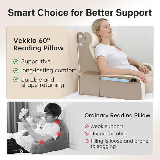 Vekkia 21" Reading Pillow for Sitting Up in Bed, 60° Ergonomic Wedge Back Pillow with Multi-Density Foam for Comfortable Support, XL Side Pockets, Bed Chair for TV, Gaming, Working, Nursing & Recovery