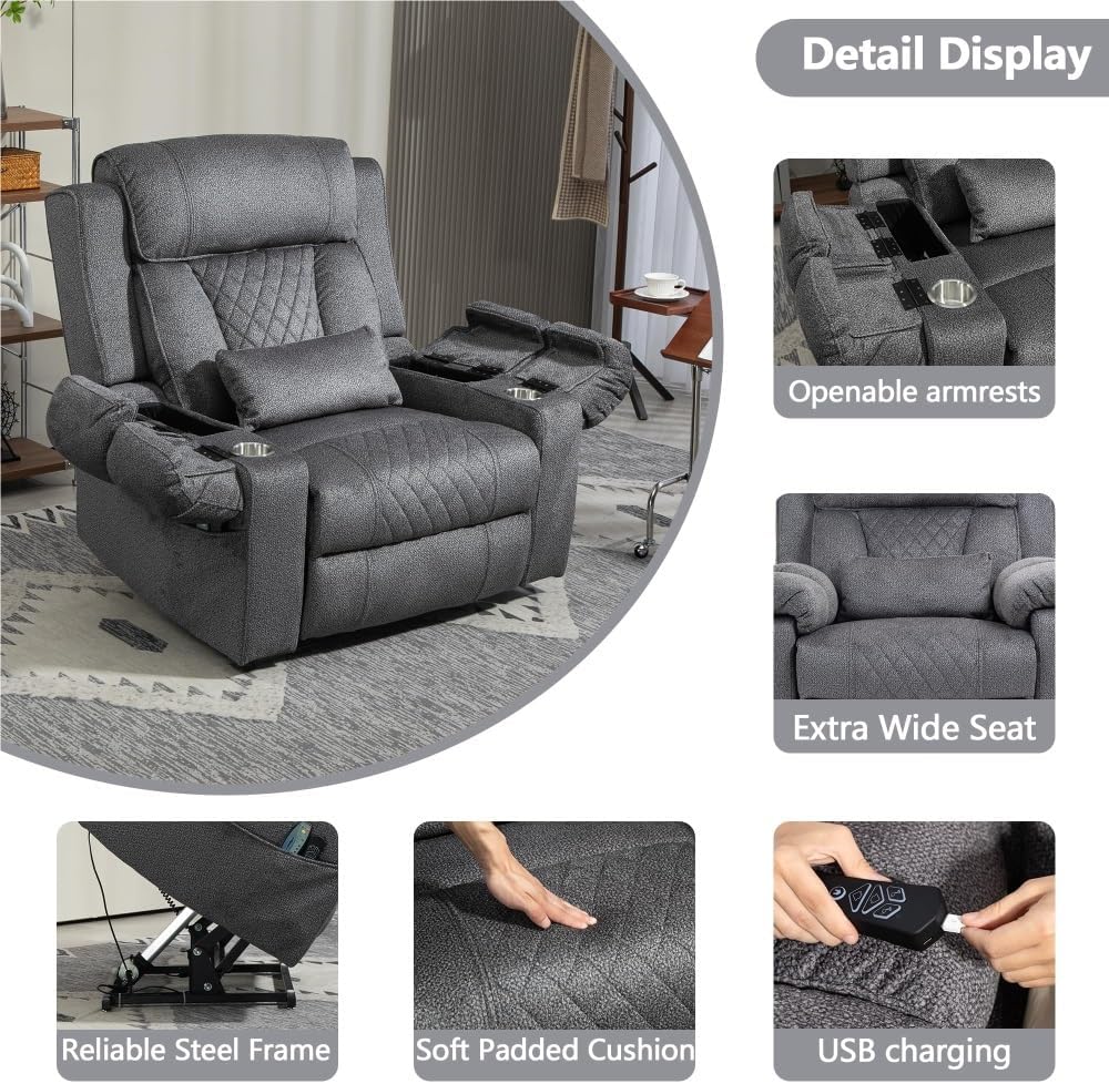Big Man Power Lay Flat Lift Chair Heat Vibration Electric Extra Wide Oversized Dual Motor Recliner Chairs with Flip Arm for Living Room Bedroom Furniture