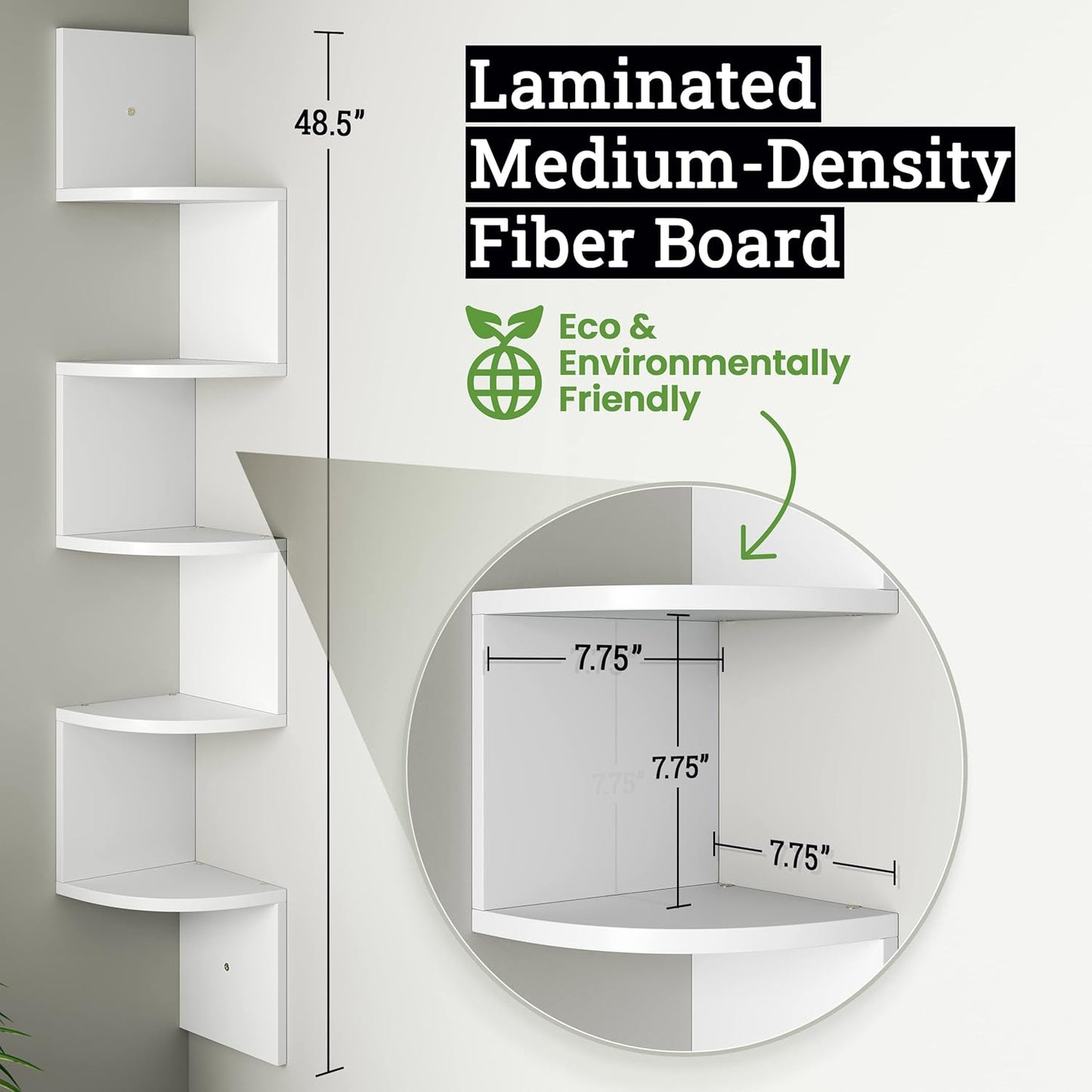 Greenco Corner Shelf, 5 Tier Floating Shelves for Wall - Room Decor Storage Solution for Offices, Bedrooms, Bathrooms, Kitchens, and Dorm Rooms - Home Decor - Natural Finish