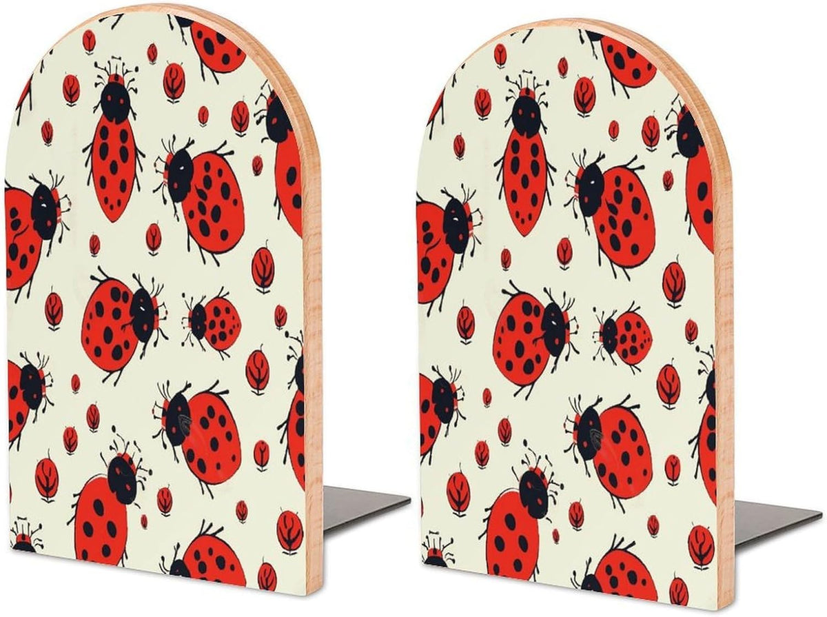 Red Ladybug Wooden Bookend Non-Slip Book Ends Heavy Duty Book Stopper with Metal Base Books Holderd Decorative Bookends Stands Firmly for Office Supplies