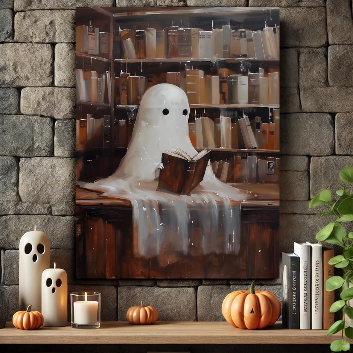 Vintage Cute Ghost Canvas Wall Art,Cute Ghost Reading in Library Halloween Cottagecore Decor,Gothic Dark Academia Wall Decor, Vintage Wall Art Poster Ghost Halloween Pictures 12x16in Unframed