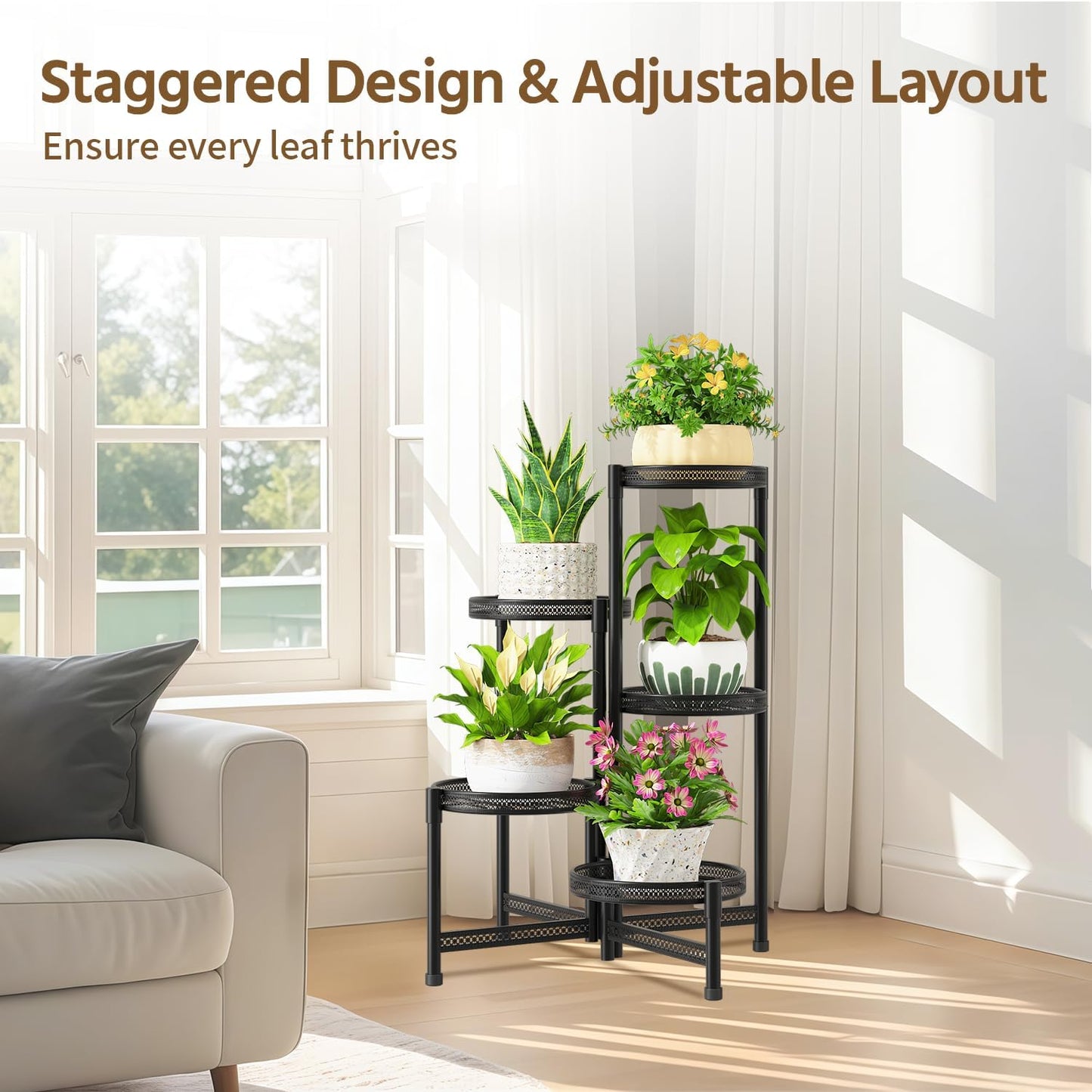 LASZOLA 5 Tiered Folding Tall Plant Stand for Indoor Outdoor Corner, Larger Heavy Duty Metal Adjustable Multiple Rack with 10 Inch Wide Hollow Tray, Flower Planter Holder for Modern House Patio, Black