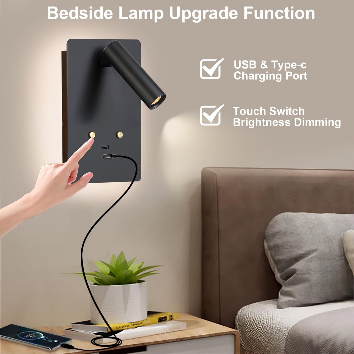 ZEROUNO Dimmable Wall Mounted Reading Light Set of 2,Adjustable Headboard Plug in Wall Sconce with USB A+C Ports,Touch Control Wall Light for Bedroom Bedside Lamps