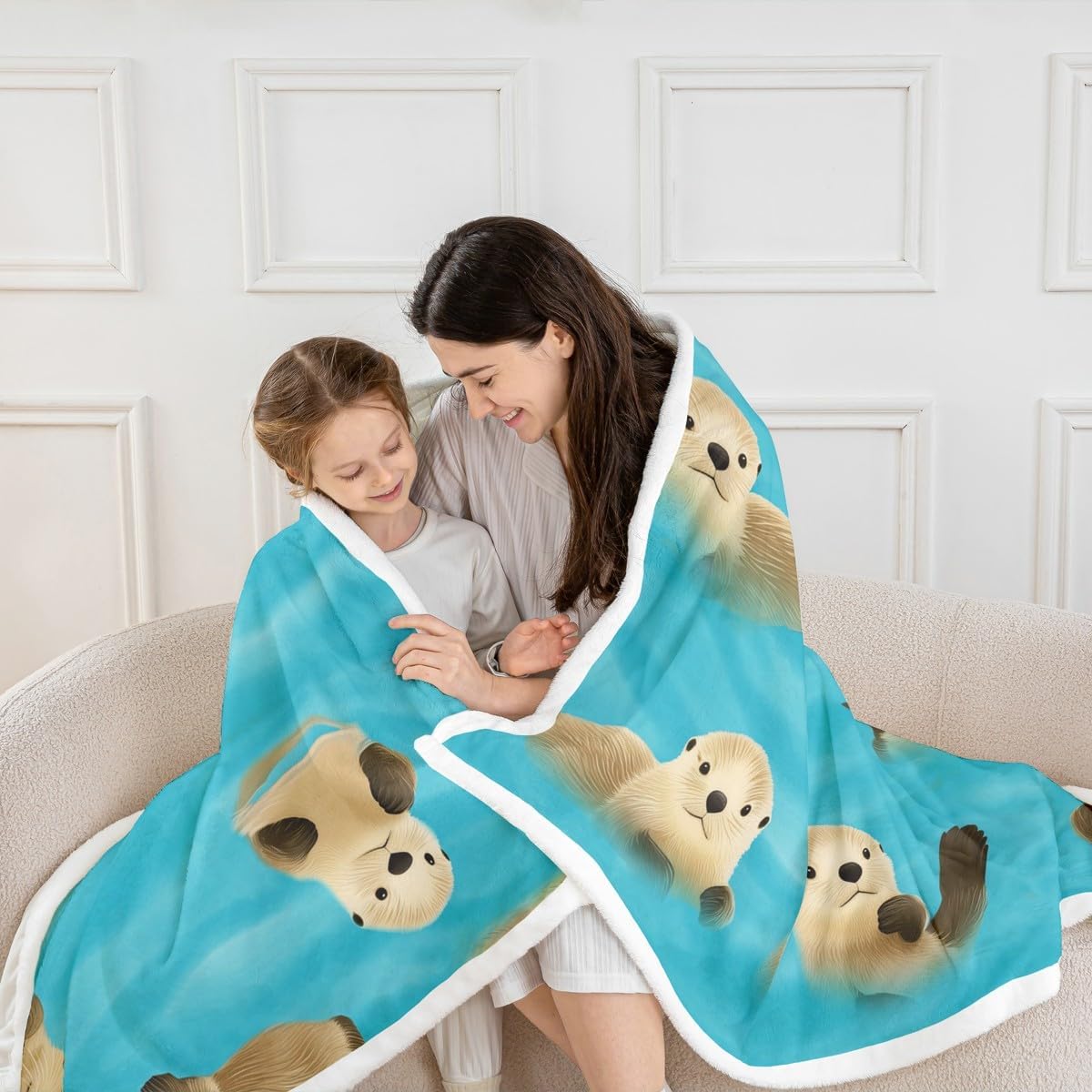 Feelyou Kids Fleece Blanket Cute Cartoon Otter Plush Blanket for Sofa Bed Couch Kawaii Zoo Animal Sherpa Throw Blanket Wildlife Otters Fuzzy Blanket Room Decor Throw 50"x60"
