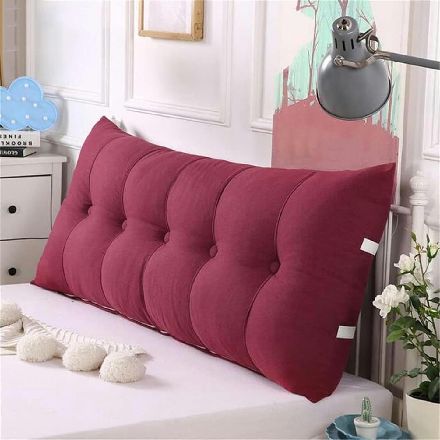 Headboard Pillow, Detachable Bolster Lumbar Pad Tatami Reading Cushion Soft Linen Cover Fluffy Body Pillow Bed Head Cushion Bed Rest Pillows(Red,80 * 60 * 20cm)