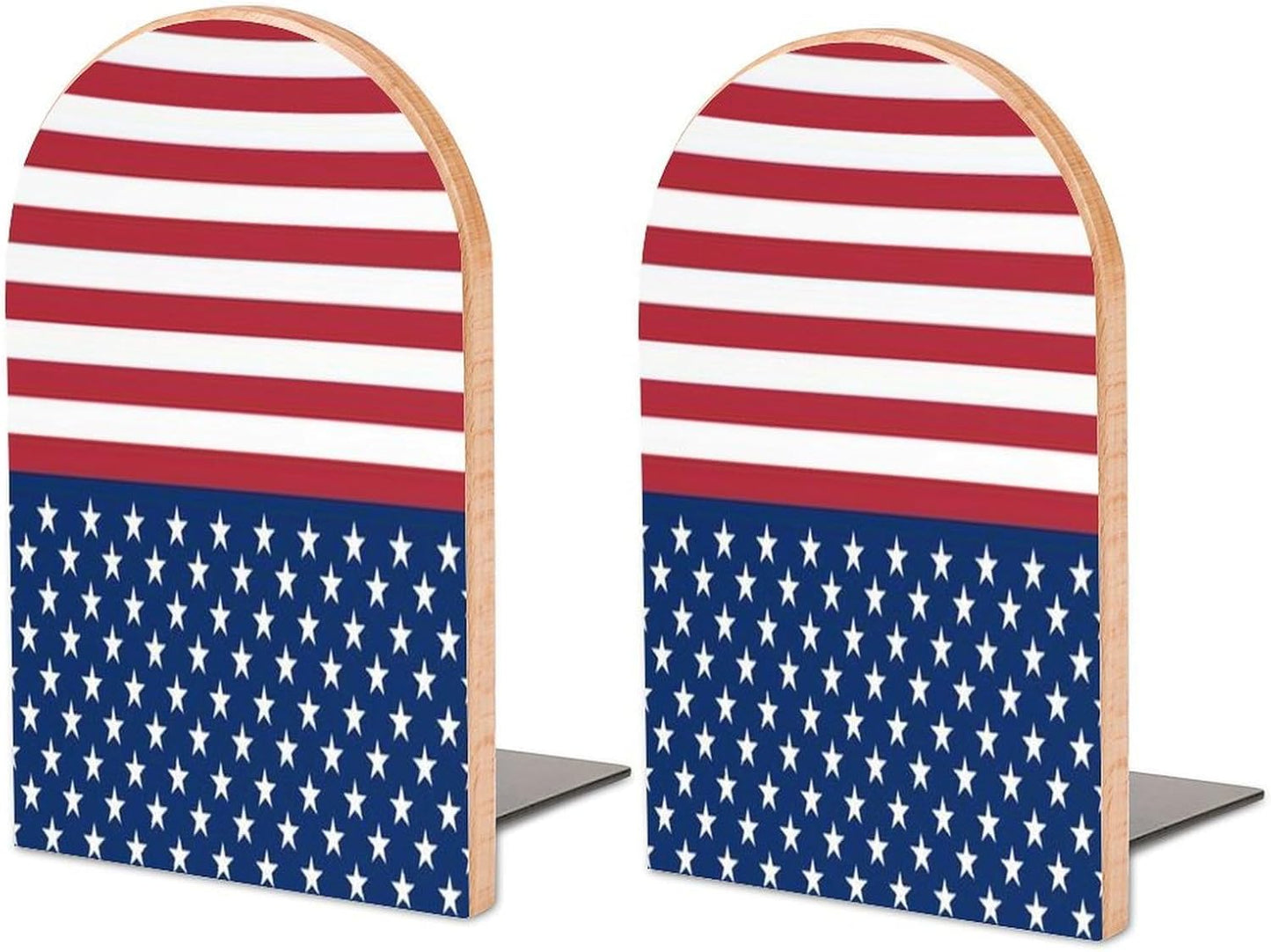 American Flag Stars Stripes Wooden Bookend Non-Slip Book Ends Heavy Duty Book Stopper with Metal Base Books Holderd Decorative Bookends Stands Firmly for Office Supplies