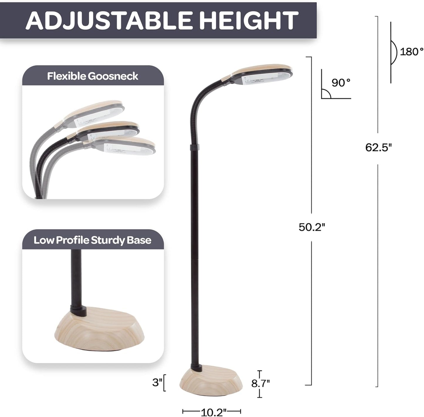 Lavish Home Adjustable Floor Lamp for Bedroom with Bendable Neck - Full Spectrum Natural Sunlight Lamp for Office and Living Room - Reading, Craft, and Esthetician Light (Light Woodgrain)