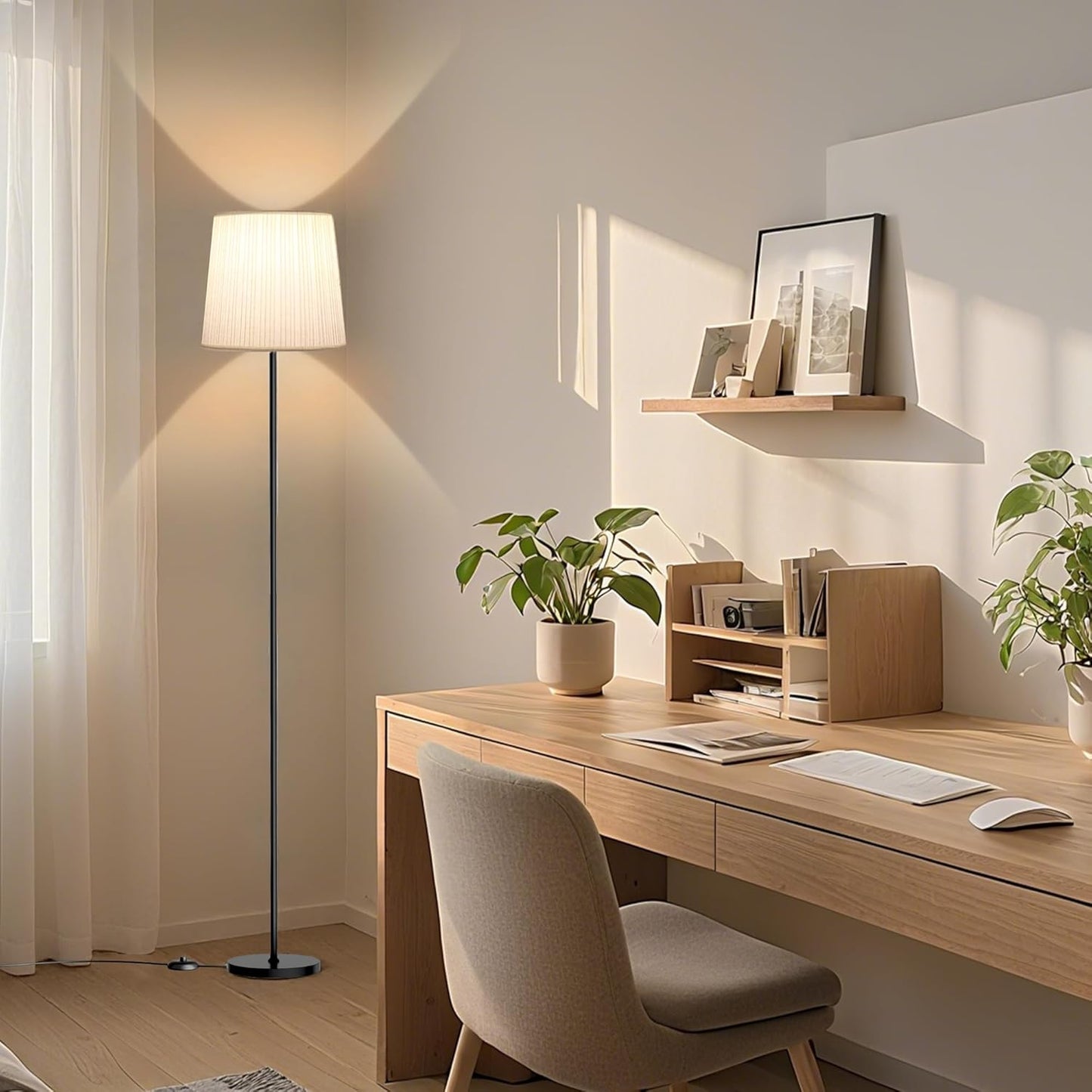 Pleated Shade Floor Lamp - 62" Dimmable Standing Lamp with Remote & Foot Switch, 4 Color Temps, E26 LED Bulb, 9W Modern Floor Reading Light for Living Room Bedroom Office Corner, Black