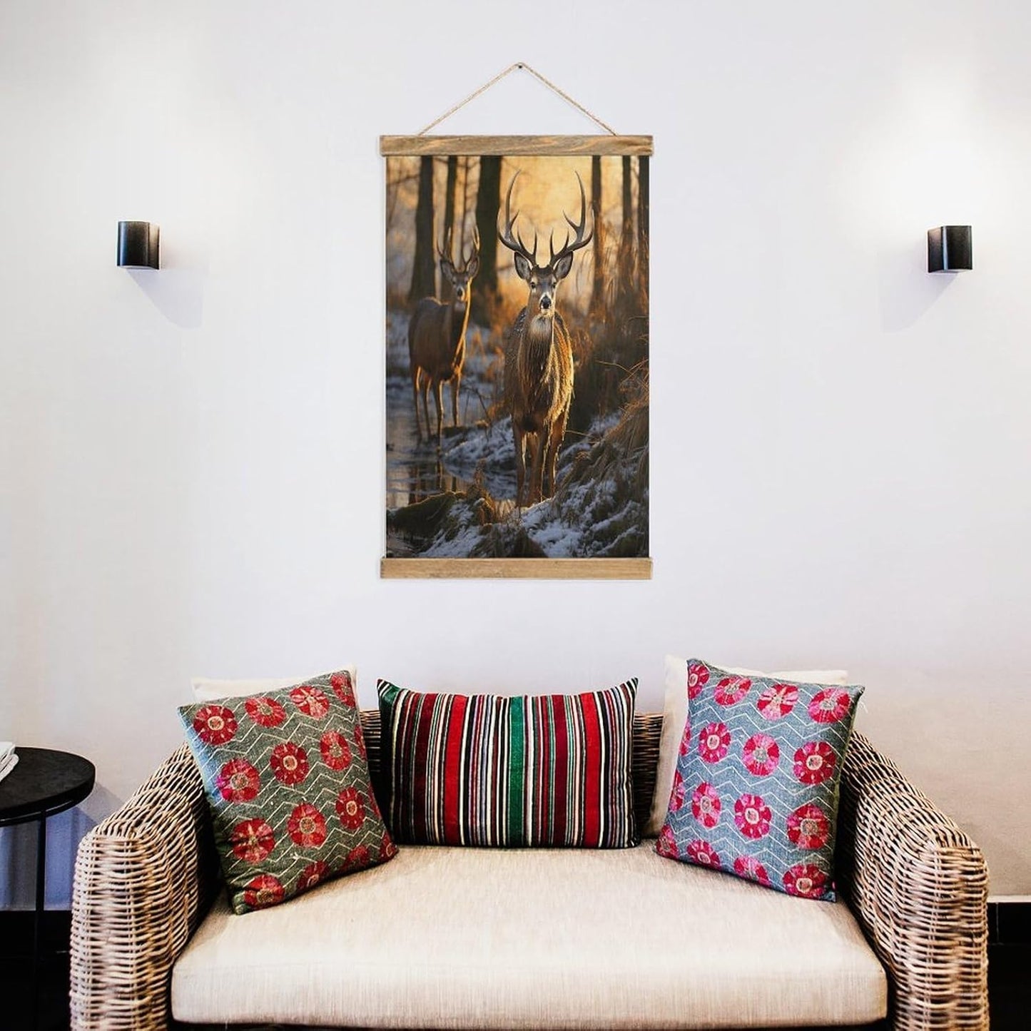 Vintage Deers Picture Poster with Wooden Frame Personalized Linen Hanging Scroll Painting Rustic Wall Hanging Illustrative Modern Artwork Decor for Home Living Room Bedroom Office