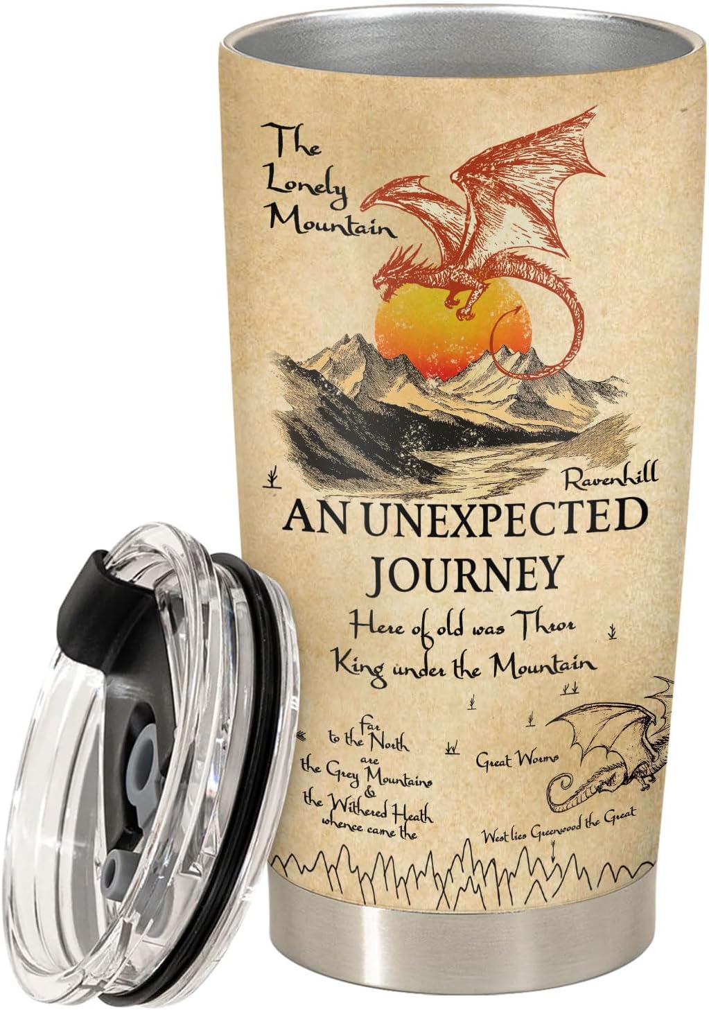 Fantasy Dragon Map Tumbler – Epic Journey Inspired Stainless Steel Travel Mug with Lid, Bookish Fan Gift for Men and Women