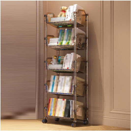 3/4/5 Cube Bookshelf, Multi-Layer Home Desk Side with Wheels, Suitable for Living Room, Study Room, Reading Corner (Transparent Gray)(5tier) ()