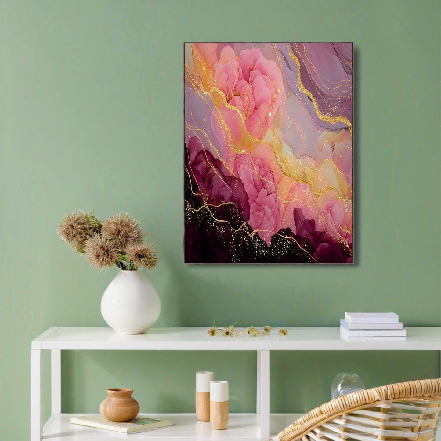 GDJSMIN Abstract Pink Marble Aesthetic Wall Art, Gold Foil Stripe Design Poster for Reading Room Living Room Decor 12x 16 inch Unframed