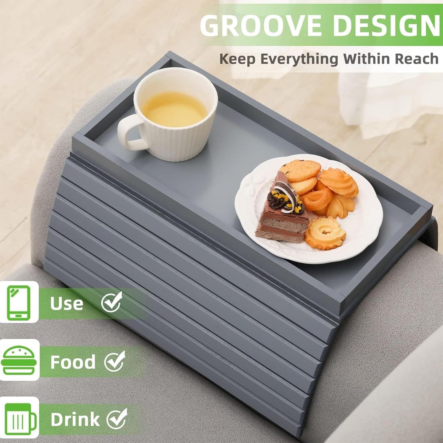 LESSF Couch Armrest Table, Bamboo Couch Arm Tray Sofa Arm Trays with Cup Mats, Anti-Slip Arm Chair Table Trays Sofa Side Table Sofas Arms Tables for Remote Control, Drinks, Phone, Cups (Grey)