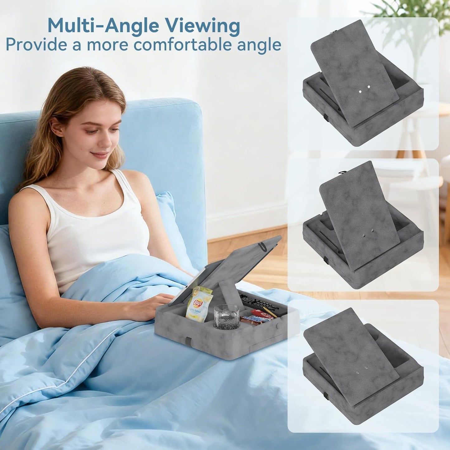 Tablet Pillow Stand for Lap, Bed and Desk, Foldable Soft iPad Holder with Snack Bowl for Kindle,Phone,Tablet,E-Reader,Free Reading and Relaxation on Bed,Couch,Recliner,Gray