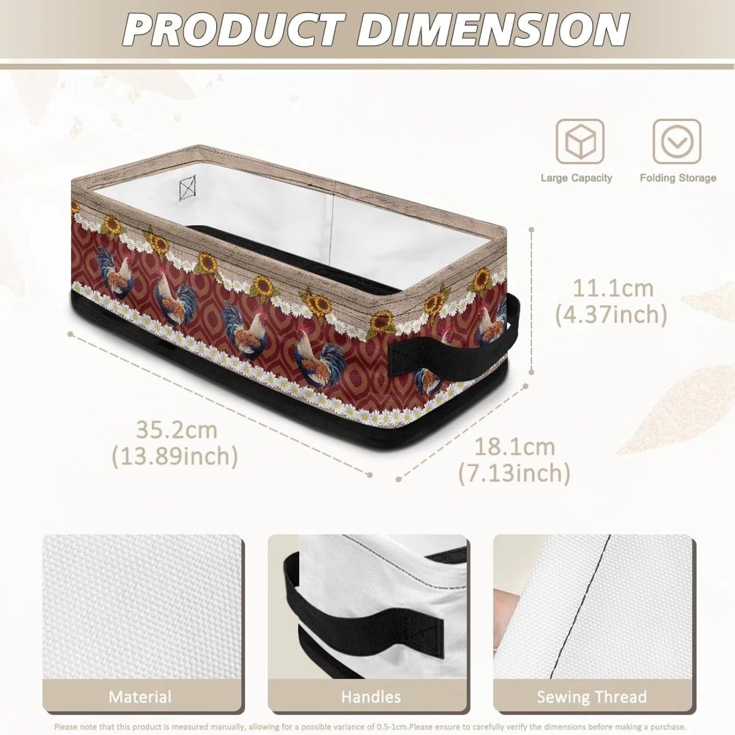 Storage Bins for Shelves, Rooster Storage Basket with 2 Handles, Decorative Fabric Closet Organizers and Storage for Organizing Home, Office, Dormitory, 13.9x7.1x4.4 Inches