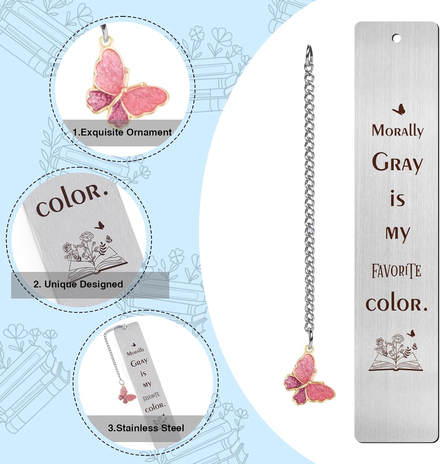 Morally Gray Metal Bookmark Gift - Shejdgart Funny Bookmarks Gifts for Women Pretty Book Marks for Friends Dark Romance Book Mark for Girls Fun Bookmarks with Butterfly Pendant for Book Lovers