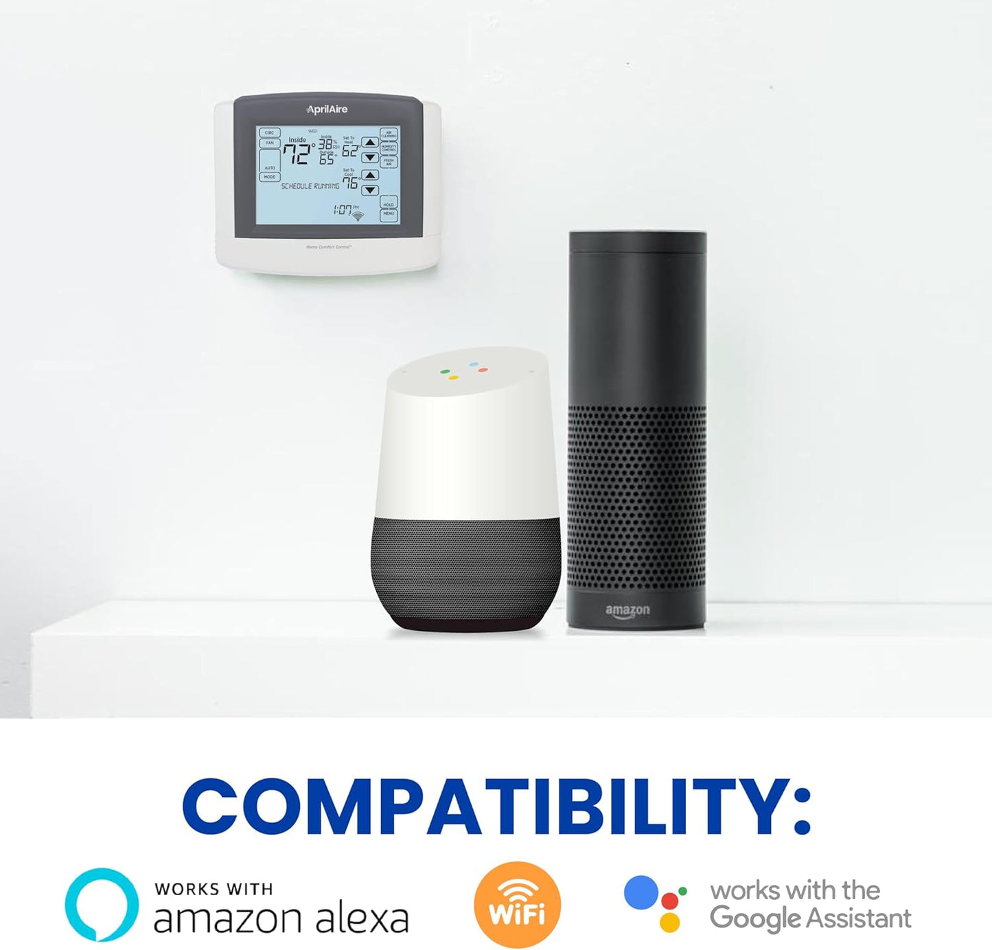 AprilAire 8910W Wi-Fi Programmable Touchscreen Thermostat with IAQ Control; Amazon Alexa and Google Assistant Compatible
