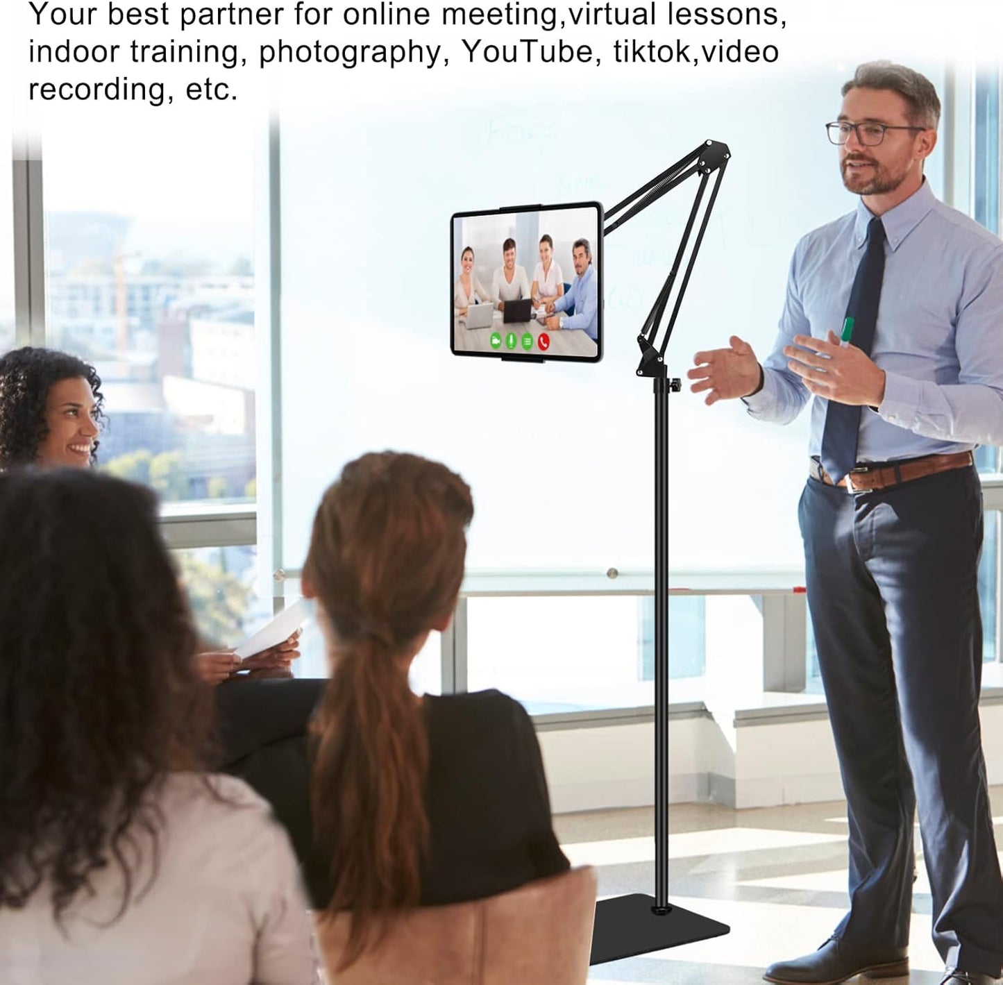 Tablet Floor Stand with Double Weight Base,Overhead Bed Phone Stand Height Adjustable/ Arm Stretchable Tablet Holder, Compatible with 4.5''-13'' iPhone, iPad, Galaxy Tab, Kindle, or Other Phones