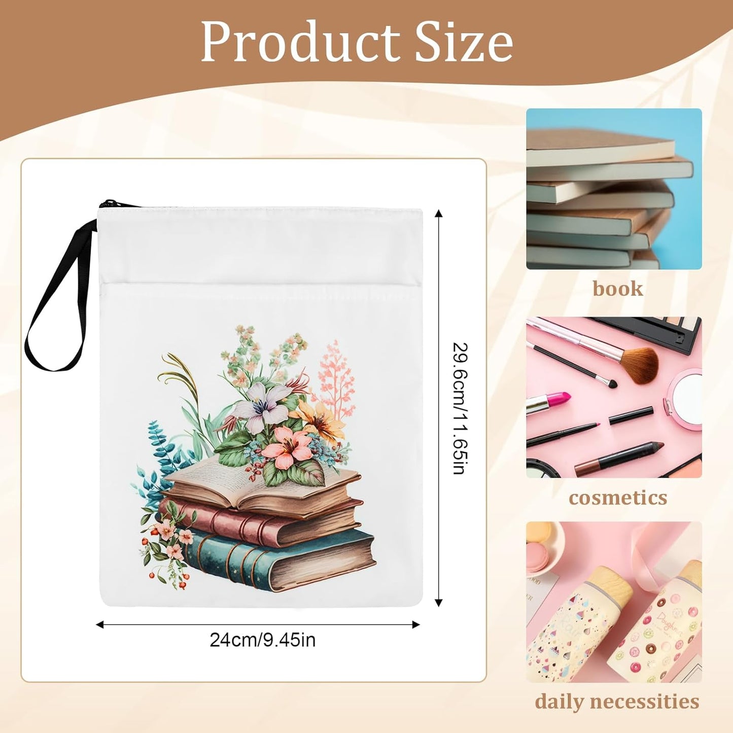 Fantasyon Book Sleeve Waterproof Book Protector Book Pouch with Zipper and Front Pocket, Floral Print Book Covers for Paperback Book Lovers Gifts Teacher Student, 11.65 x 9.45 inches