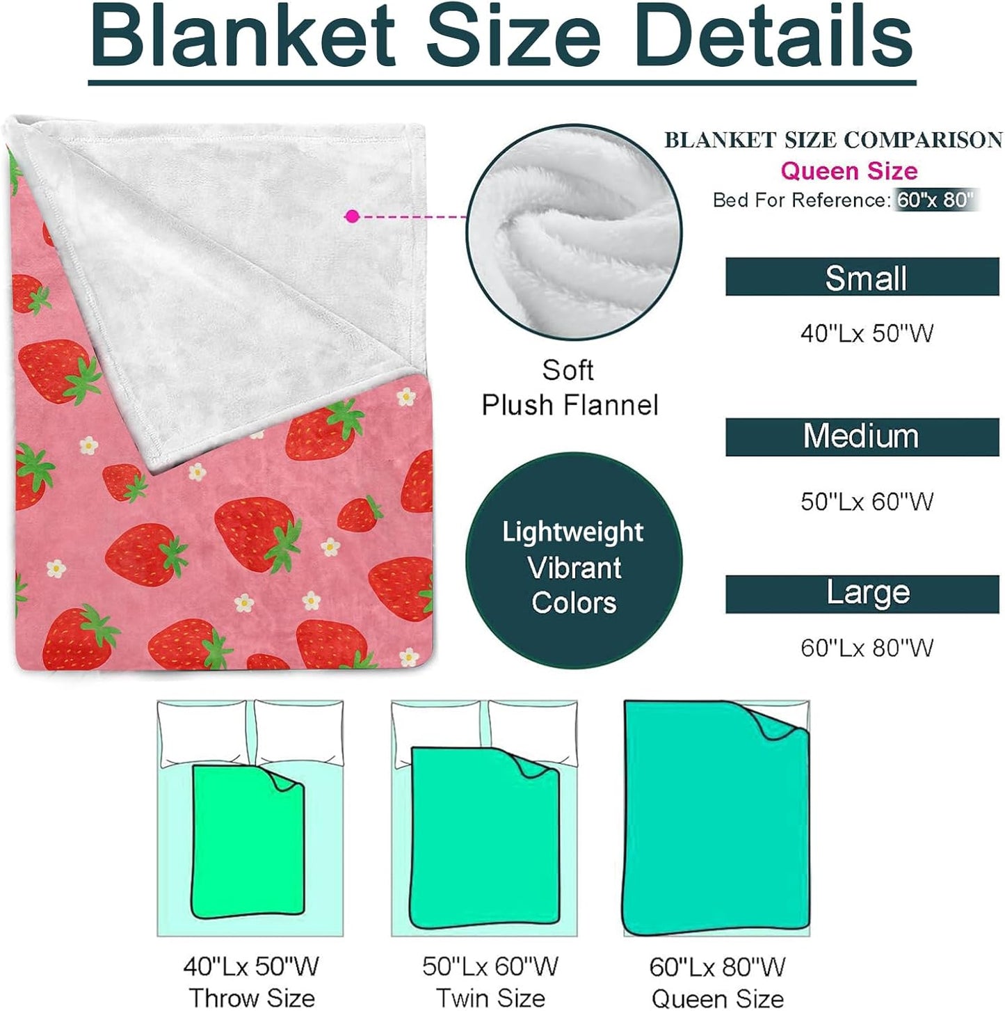 ZNHP Cute Strawberry Blanket, Fruit Pattern Flannel Throw, Soft Cozy Lightweight Throws Blankets for Women Kids Girls, Cartoon Playful Home Decor for Sofa Couch Bedroom Home, 60x50 Inch