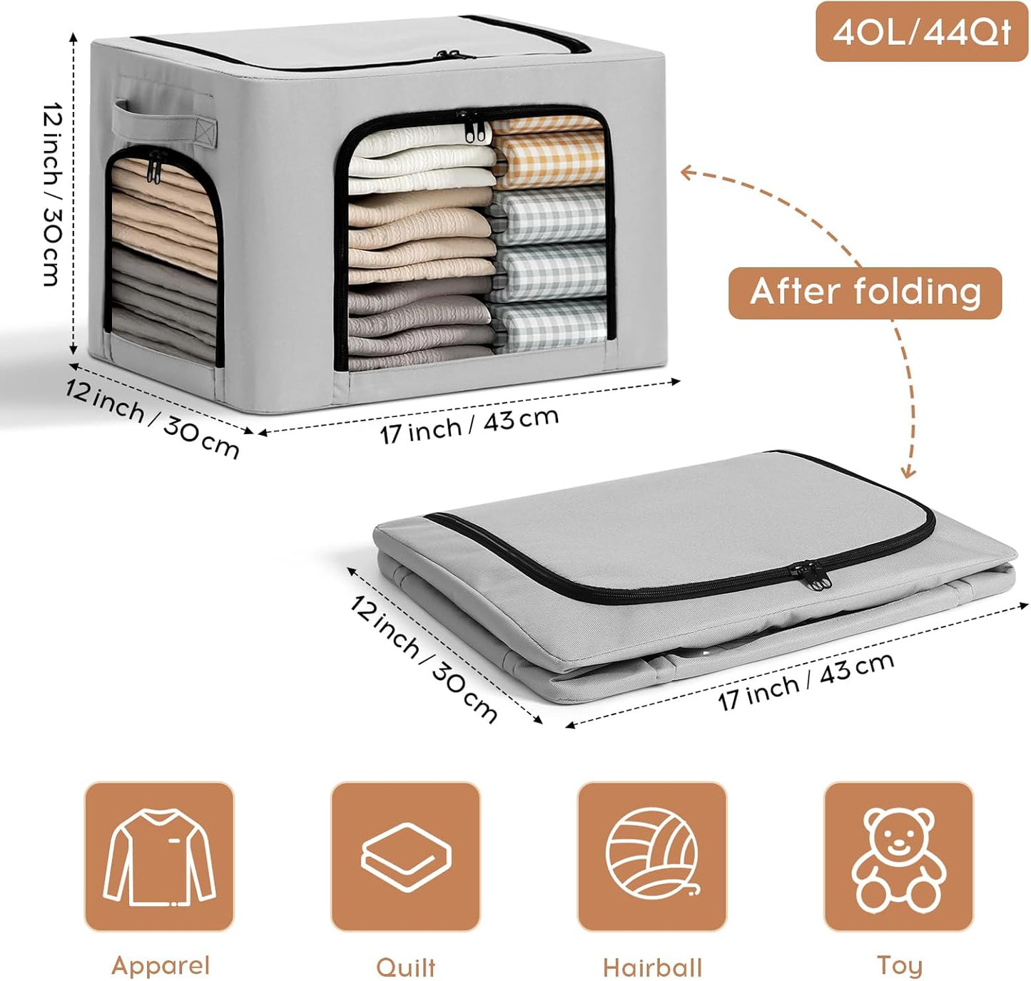 3-Pack Clothes Organizer Bins with Metal Frame, Foldable 40L Linen Storage Boxes with Lids, Clear Windows, Zippers & Durable Handles (Light Gray)