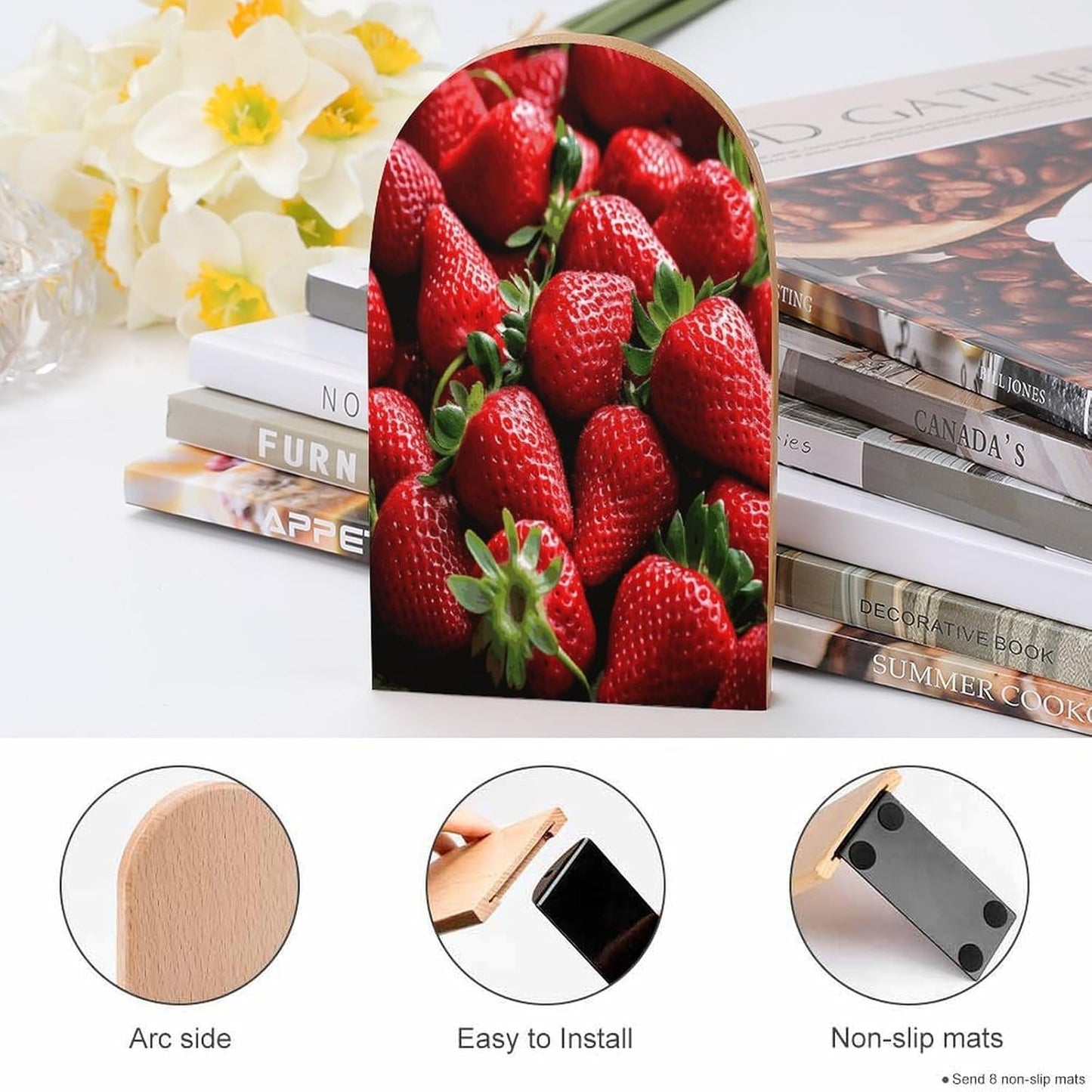 Fresh Strawberries Bookends 1 Pair Heavy Duty Book Ends for Shelves Non-Skid Bookend Supports Wooden Book Holders with Metal Base Desk Organizers Books Storage to Hold Books