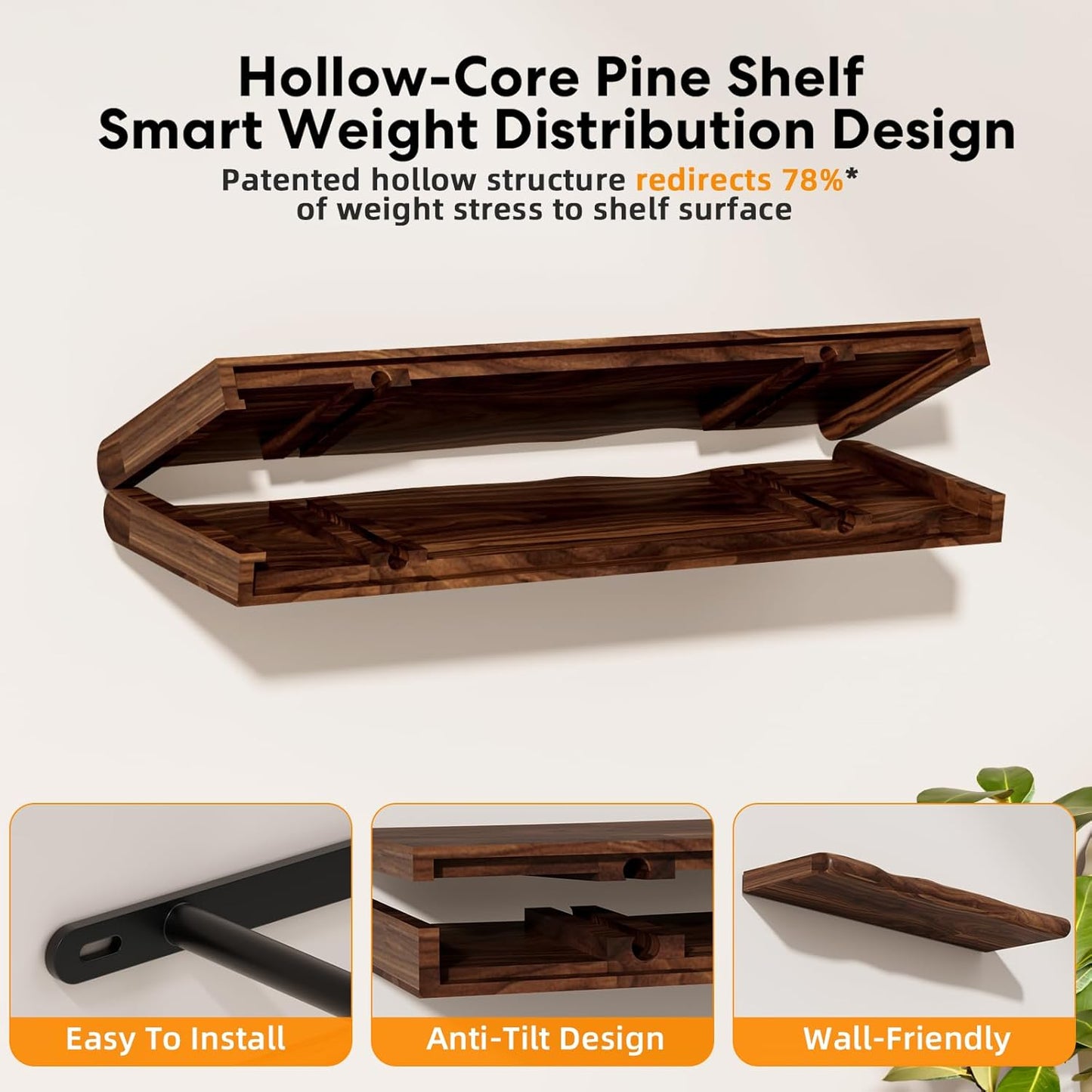 Floating Shelves for Wall Rustic Farmhouse 24 Inch Floating Shelf Bathroom Wooden Shelves for Wall Mounted Live Edge Pine Wall Shelf with Unique Natural Grain for Living Room Bedroom Kitchen (Walnut)