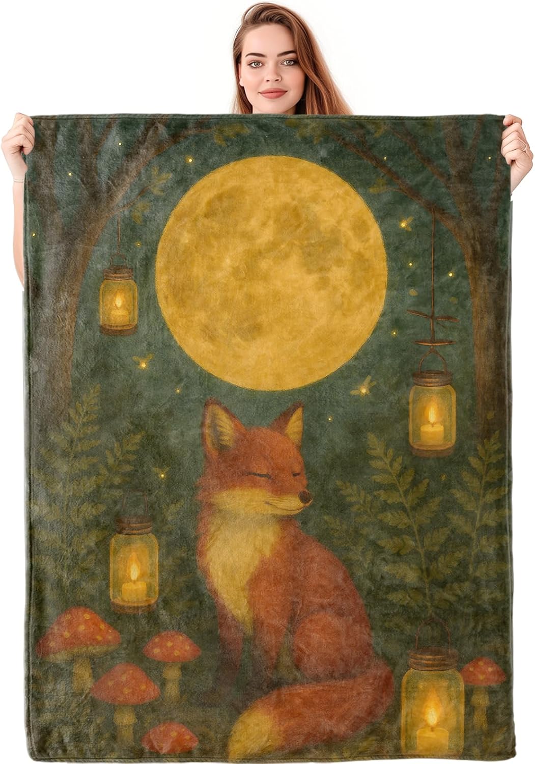 Fox and Full Moon Fleece Blanket Gifts for Kids Girls, Woodland Night Scene Throw Blankets for Women Adults, Cozy Lightweight for Couch Bed Room Home Decor, 50x60 in
