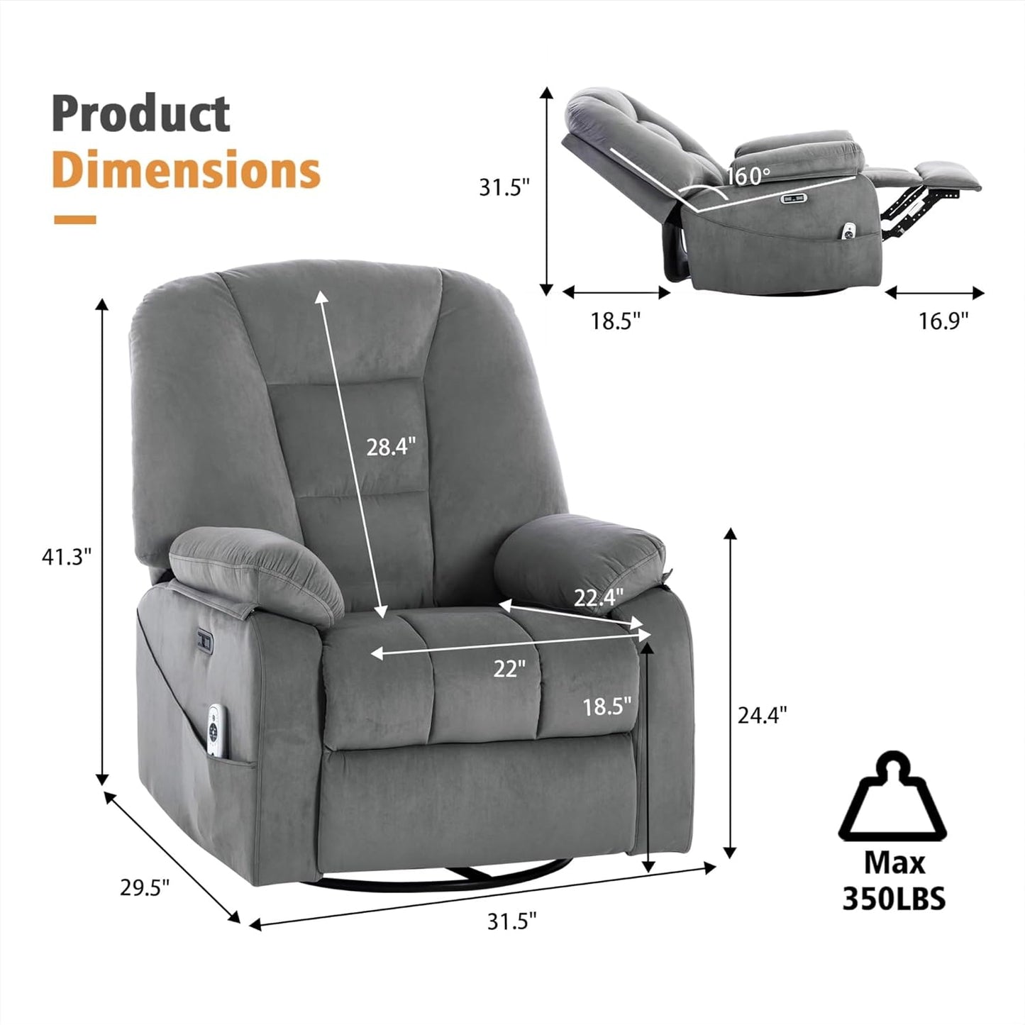Velvet Grey Soft Fabric Power Swivel Rocker Recliner with Massage Heat USB Type C Port Infinite Position Electric Glider Chair Living Room
