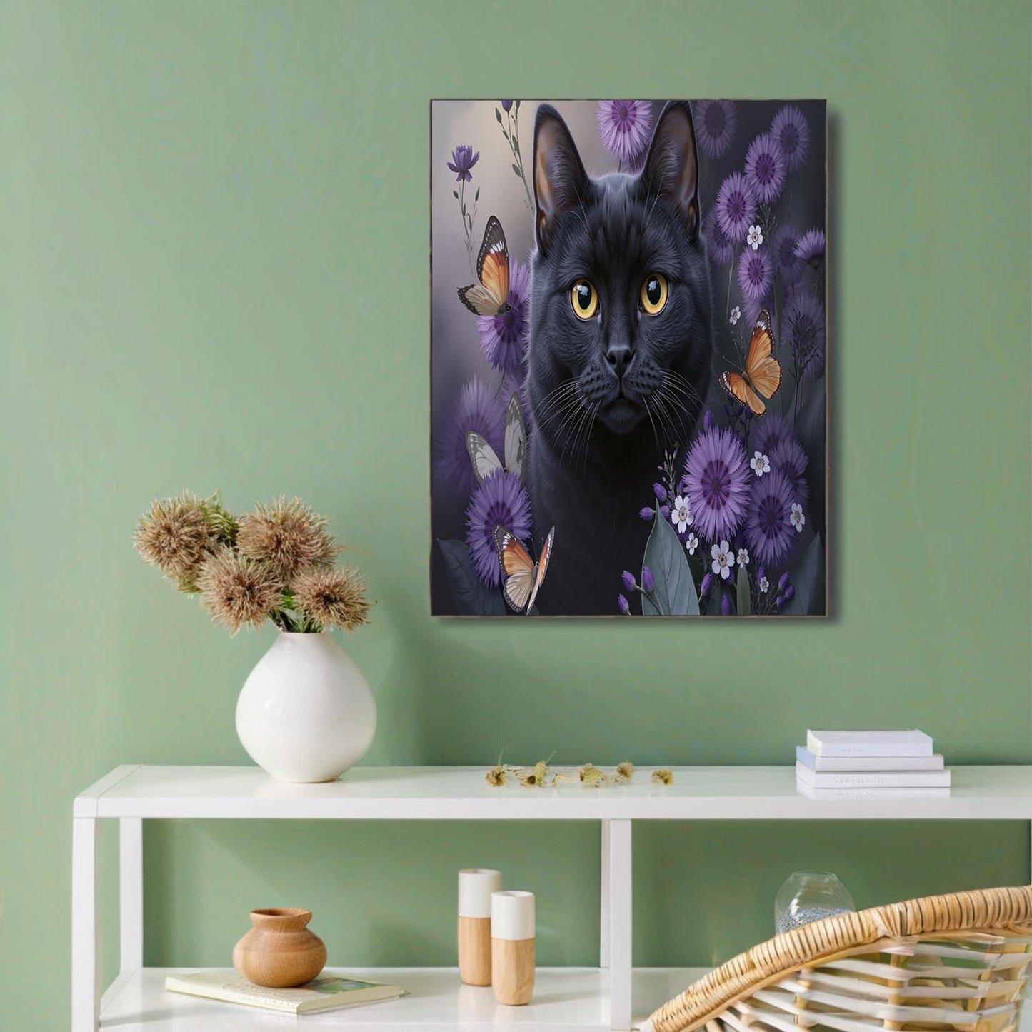 GDJSMIN Watercolor Style Wall Art, Animal Black Cat Purple Flowers Design Poster for Reading Room Living Room Decor 24 x 36 inch Unframed
