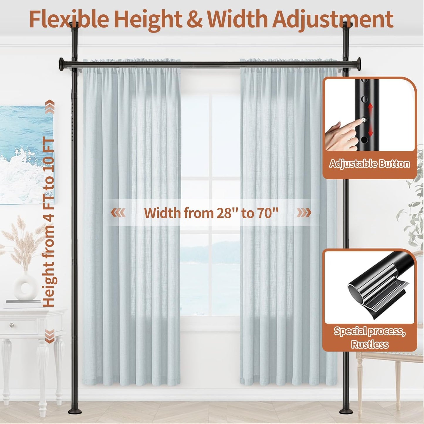 Room Divider Curtain Rod, No Drilling Adjustable Space Partition, Heavy Duty Floor to Ceiling Tension Rod, 4-10ft(H) 28-70inch(W), Temporary Wall Divider for Privacy, Black