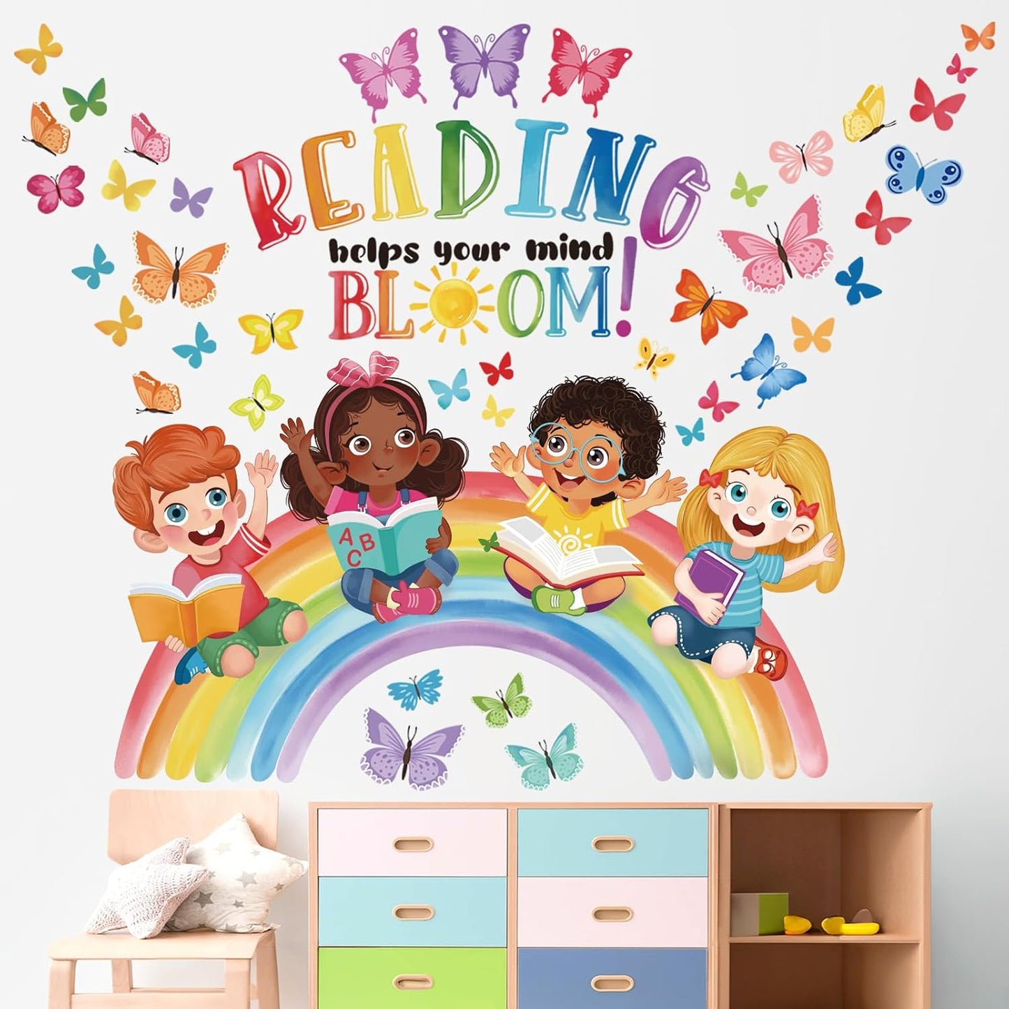 wondever Reading Corner Rainbow Wall Decals Butterflies Kids Inspirational Quotes Reading Helps Your Mind Bloom Peel and Stick Wall Art Stickers for School Classroom Kids Room