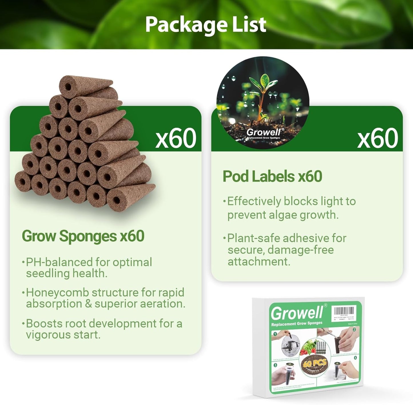 120Pcs Hydroponic Pods Kit, 60 Grow Sponges with 60 Pod Labels, Breathable Replacement Pods Compatible with AeroGarden & Most Hydroponics Growing System, Seed Starter Pods for Indoor Garden