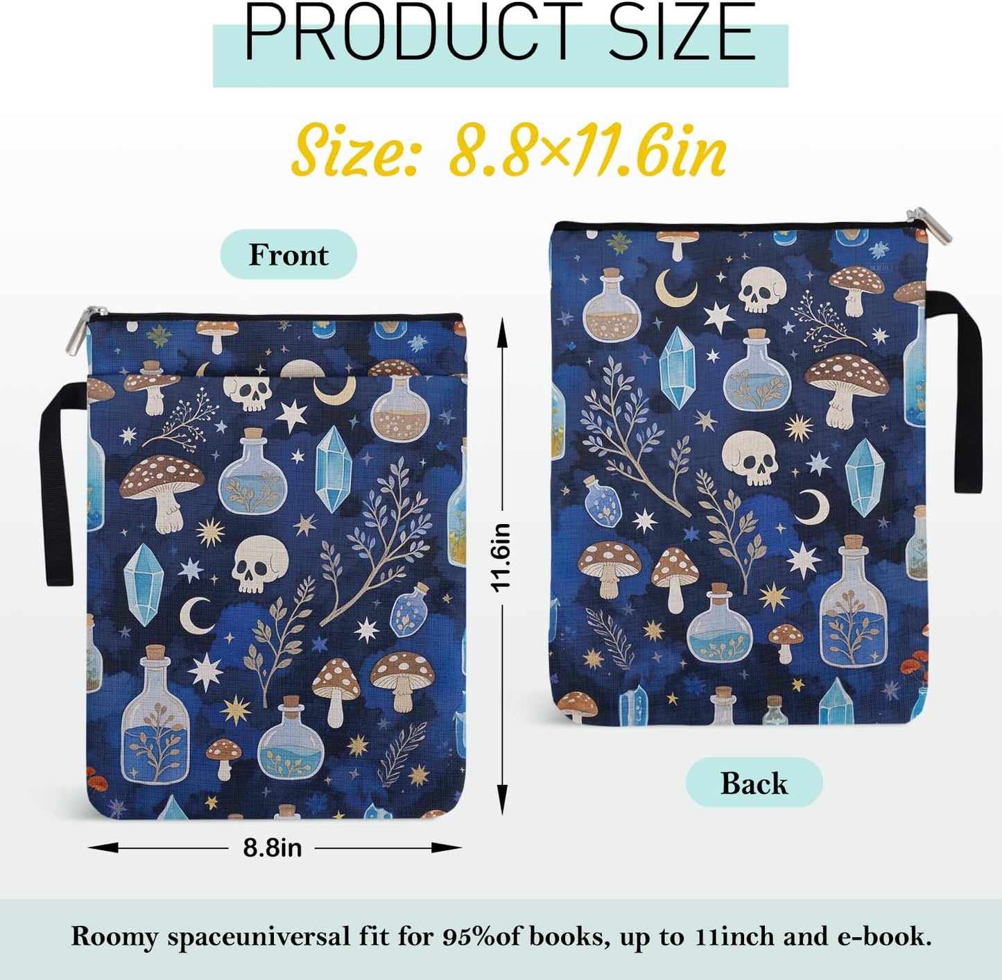 Gothic Magic Witch Pattern Book Sleeve for Book Lovers Librarian with Zipper and Handle, Halloween Skull Theme Bookcover Paperbacks Sleeve for Bookish, Group Club Gifts for Women