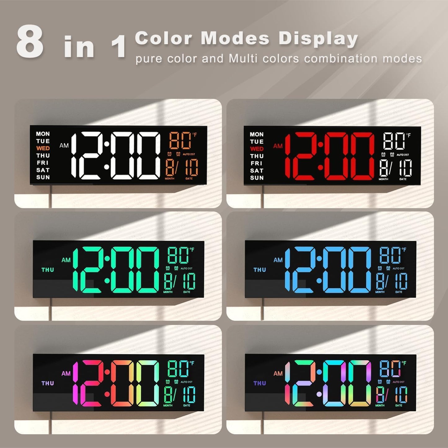 JALL 13" Large Digital Wall Mount Clock, Count Down Timer, Alarm, Big LED, DST, Temperature for Living Room Classroom Desk, Xmas, Birthday Gift for Senior Mom Dad, RGB