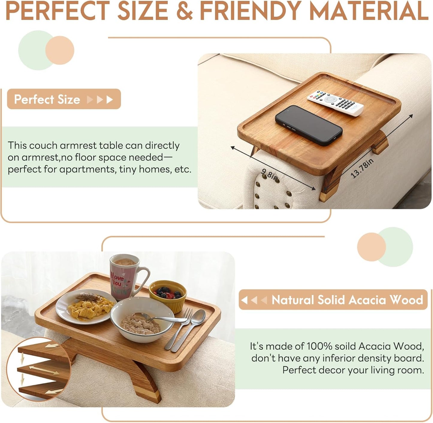 SINWANT Couch Arm Table,Acacia Wood Sofa Arm Rest Tray for Couch,13.78" Foldable Couch Armrest Tray Tables for Home Apartment Small Spaces