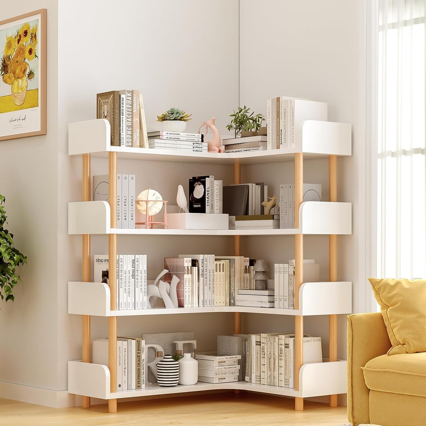 Wooden Reversible Corner Bookshelf - Modern 4 Tiers L-Shaped Bookcase with Solid Wood Frame and Edge Protection for Home and Office, Open Storage Shelf, White