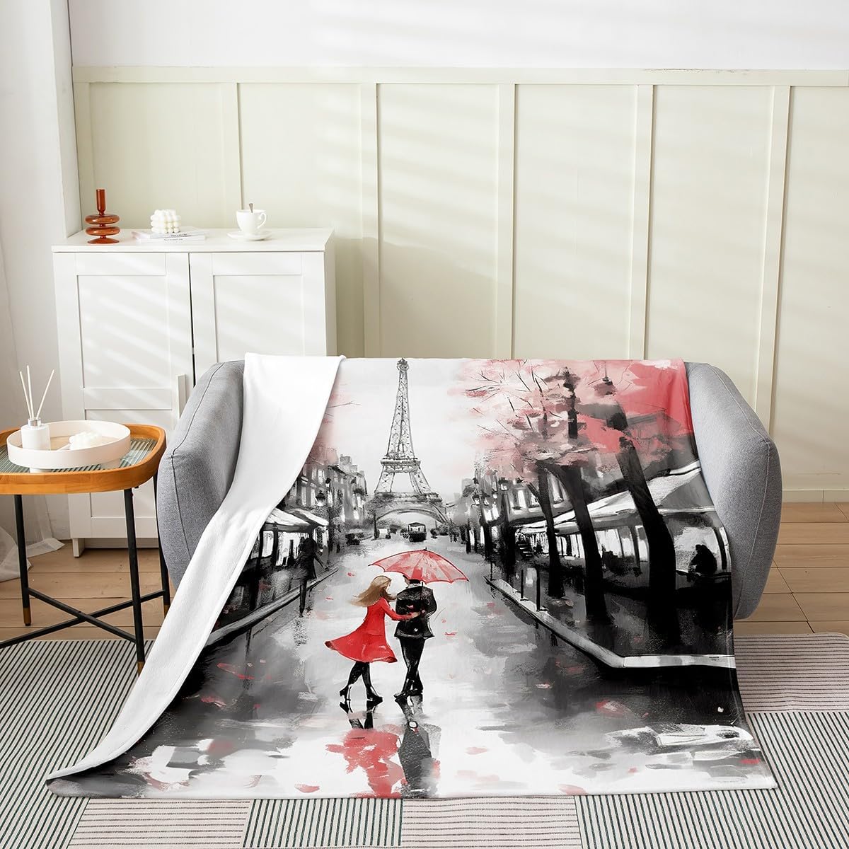 Eiffel Tower Flannel Fleece Throw Blanket,Paris Street Scenes All Season Bed Blanket Fuzzy Blanket For Bed Sofa Couch,Romantic Valentines Red Trip Design Bedroom Decor Plush Blanket Throw 50"x60"