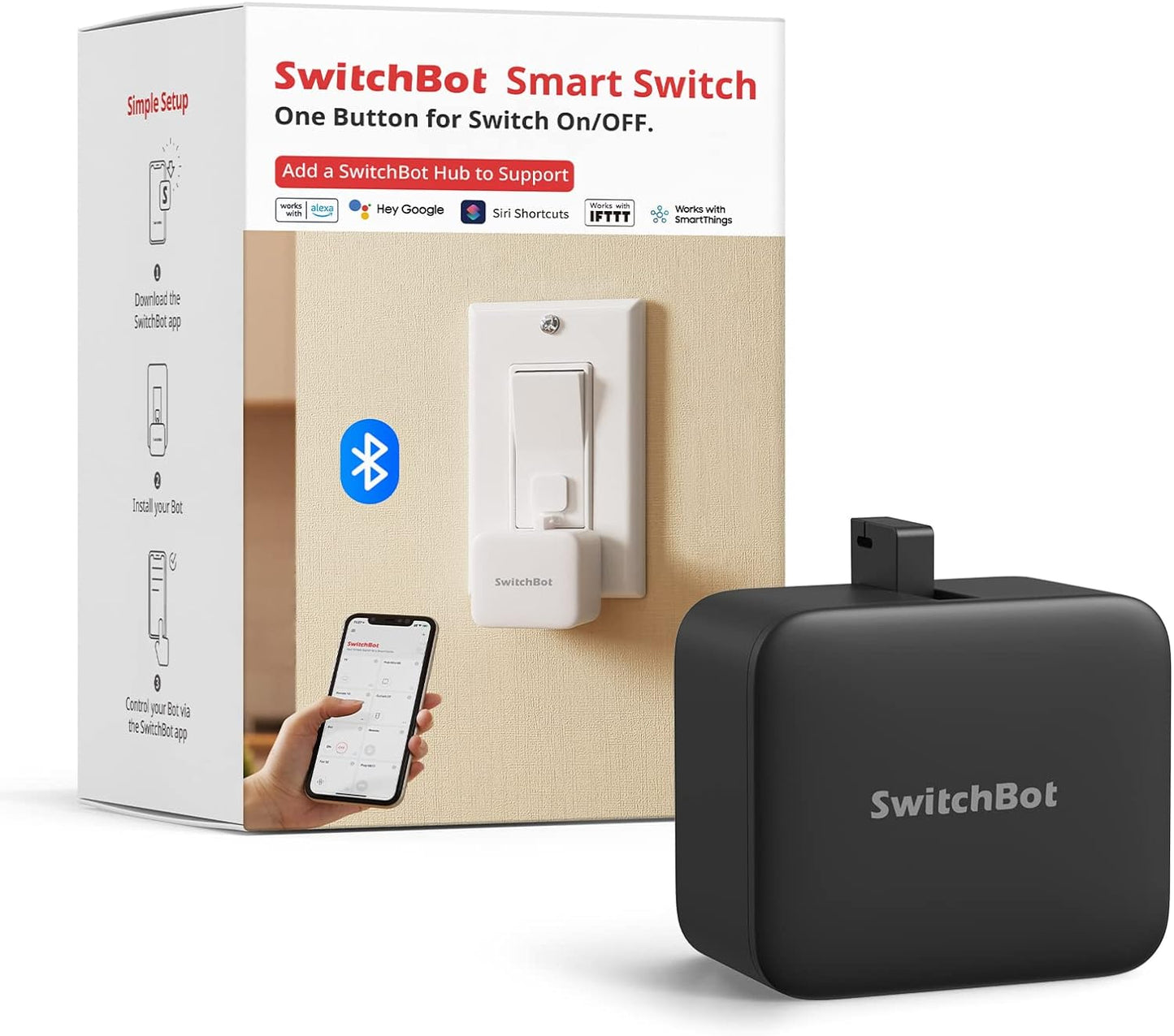 Switchbot Smart Switch Button Pusher (Bluetooth) – Fingerbot for Rocker Switch/One-Way Buttons, App Timer Control, No Wiring, Optional Hub Required for Voice/Remote, Black