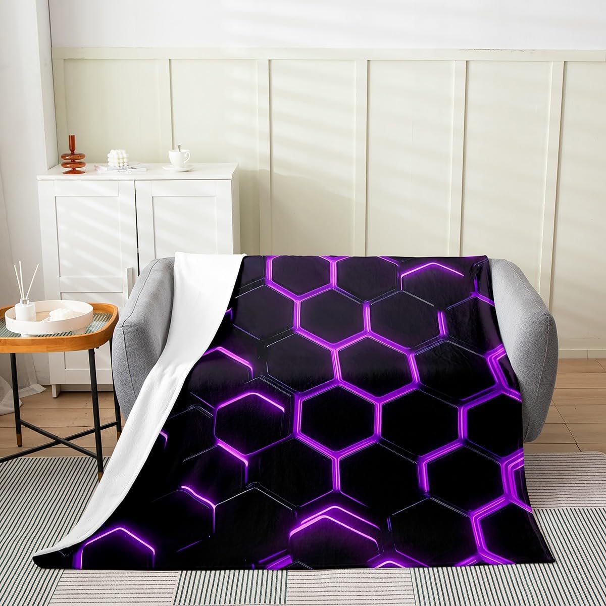 Feelyou Honeycomb Flannel Fleece Throw Blanket,All Season Hexagonal Purple Black Bed Blanket Geometrical Fuzzy Blanket for Bed Sofa Couch,Bedroom Decor Beehive Geometric Plush Blanket Throw 50"x60"