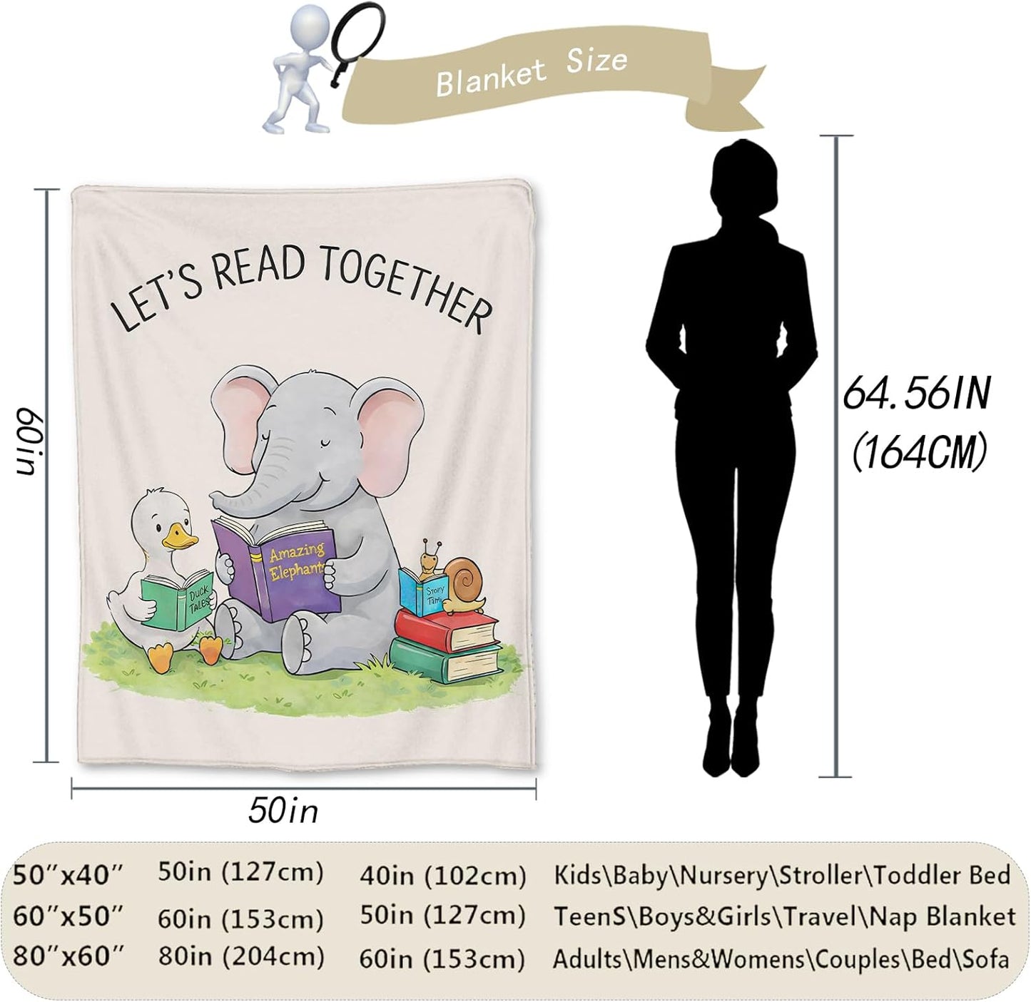 Cute Elephant Duck and Snail Reading Books Blanket Gifts, Flannel Throw Blanket for Couch, Bed, Travel & Home Decor, Cozy Lightweight Fuzzy Warm Blankets for Women Kids Girls 60×50 in