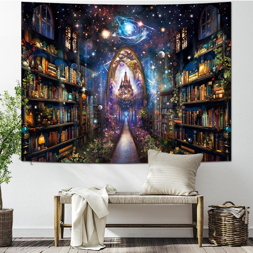 Heynvioo Mysterious Bookshelf Tapestry Galaxy Space Library Tapestry Fantasy Landscape Vintage Aesthetic Tapestries Book Decoration Wall Hanging Decor for Bedroom Home