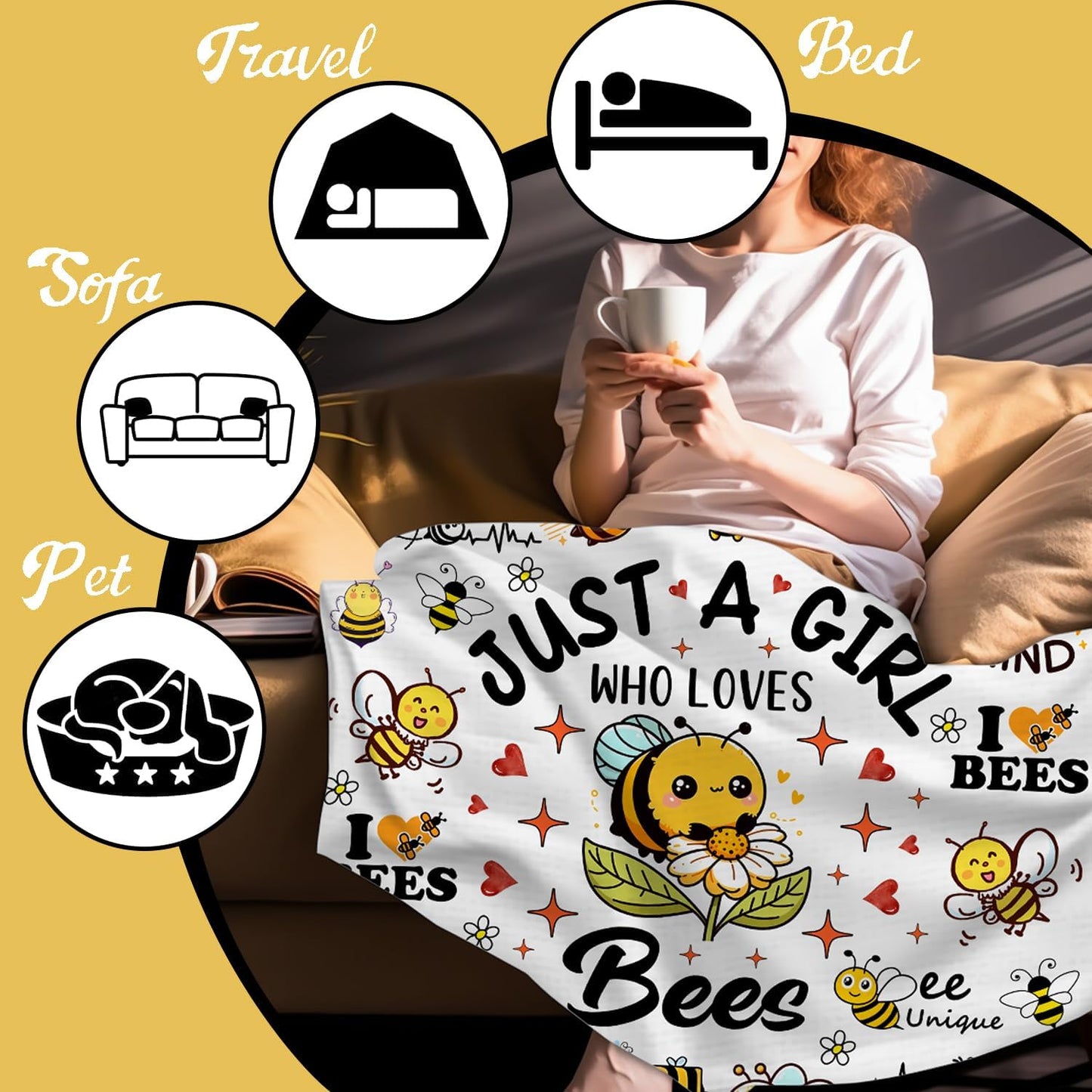 Cute Bee Blanket Bee Gifts for Women,Bees Lovers Throw Blanket,Funny Birthday Bees Themed Gifts for Girls Kids Adults Women 50"x 40"