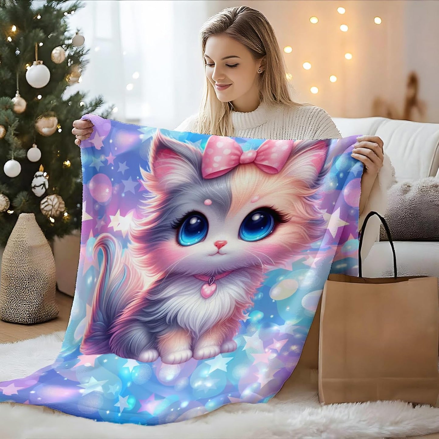 Kids Blanket for Girls Cat Blankets for Kids Teen Gift for Birthday, Cozy Soft 60 x 50 Inches Flannel Throws Cat Supplies for Bed Travel Sofa Living Room Decor